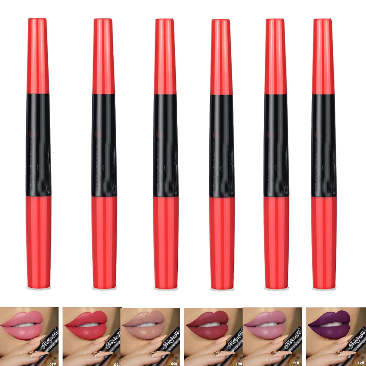 Famoustore 6 pcs Beauty Nageta 2in1 Womens Double-End Lasting Waterproof Lip Liner Lipstick Pencil (Set 1)