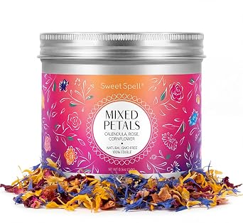 Sweet Spell Dried Mixed Edible Flowers for Cake Decorating, Cocktails | Rose, Cornflower & Calendula, Non-GMO, Vegan, Sprinkles, Garnish for Drinks, Food Grade
