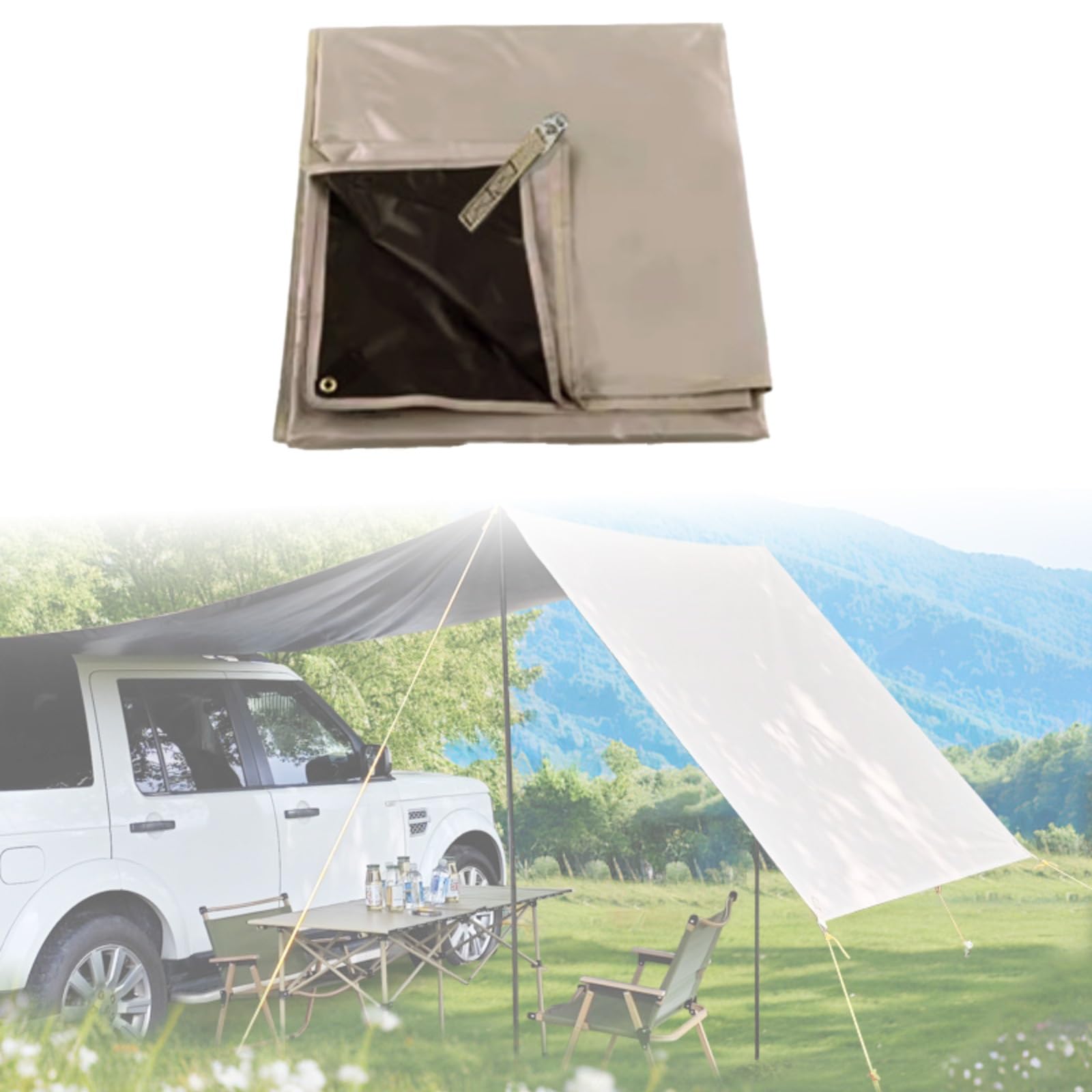 Toldo para coche con ventosas, lona impermeable UV50+ para SUV, camión, camping, múltiples modos de configuración para actividades al aire libre y hamaca, mochilero