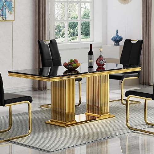 Mesa de comedor de mármol negro de 70 pulgadas, mesa de comedor rectangular para 6-8, mesa de comedor moderna de mediados de siglo con mesa de