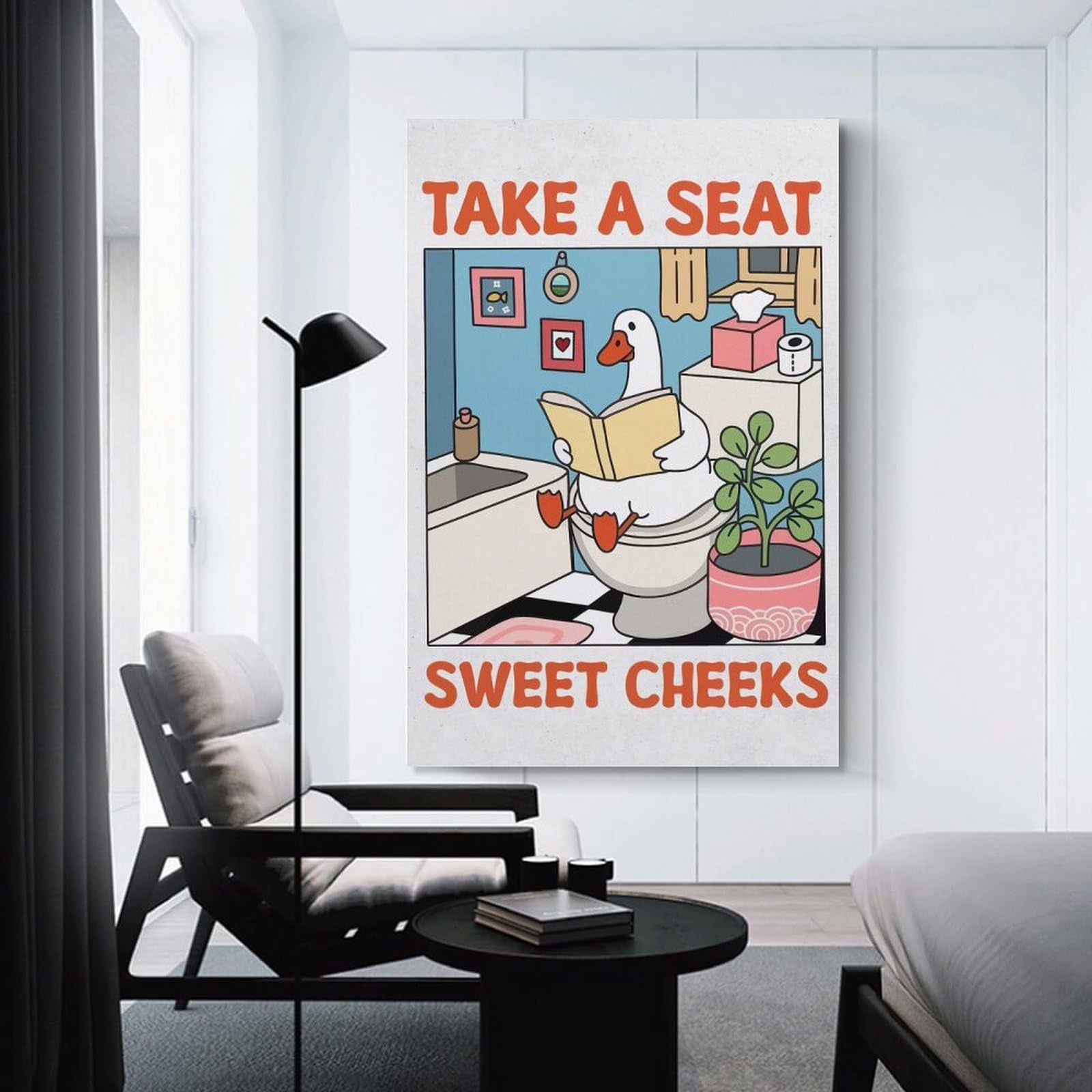 Junmoney Goose Reading on The Toilet Canvas Art Print 24x36inch(60x90cm), for New Homes, Bedrooms Or Workspaces, Gift Idea for Housewarming And Birthdays