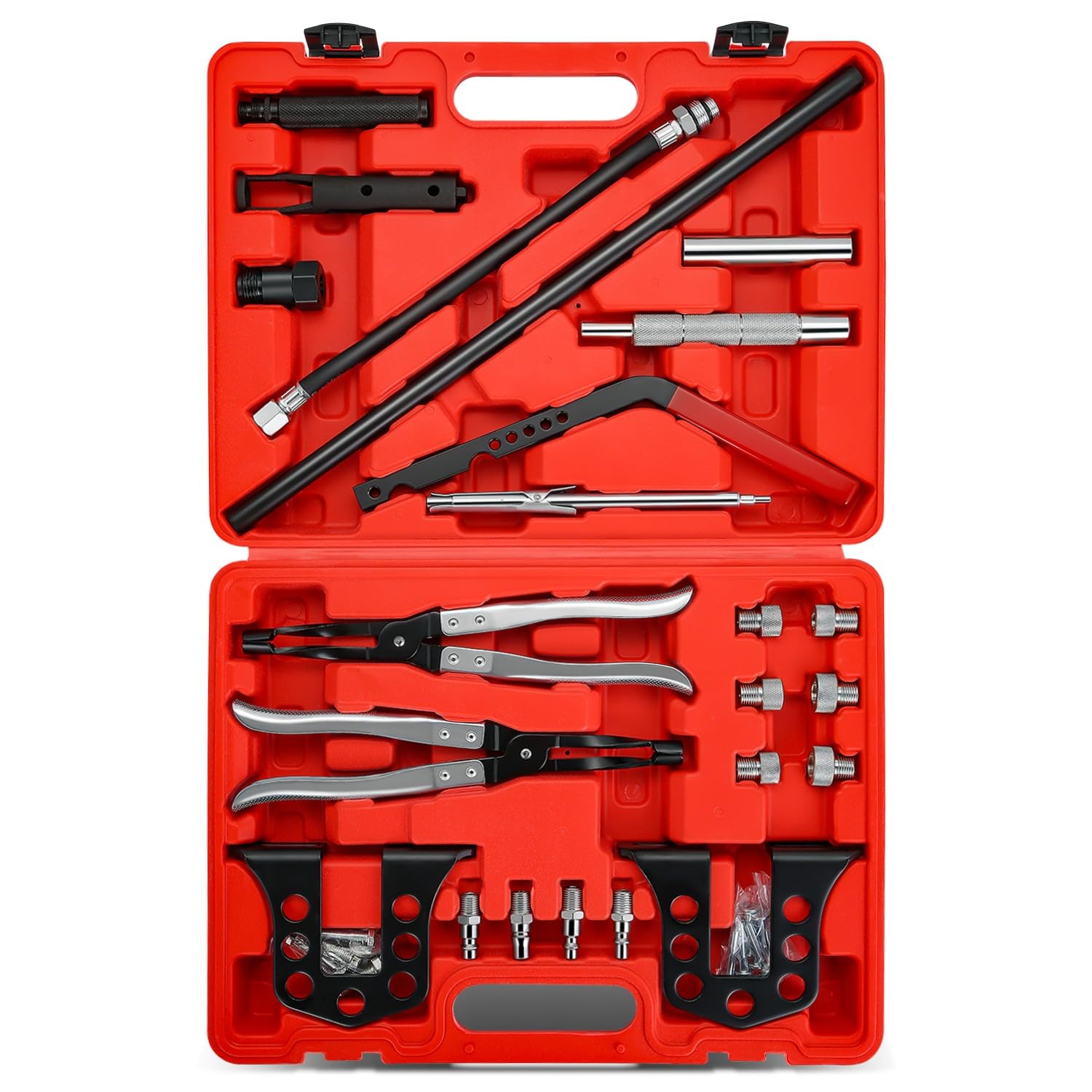 Auto Dynasty Valve Spring Compressor Universal Overhead Engine Valve Spring Remover and Installer OHV OHC Compressor Tool Cylinder Head Service Set, Red