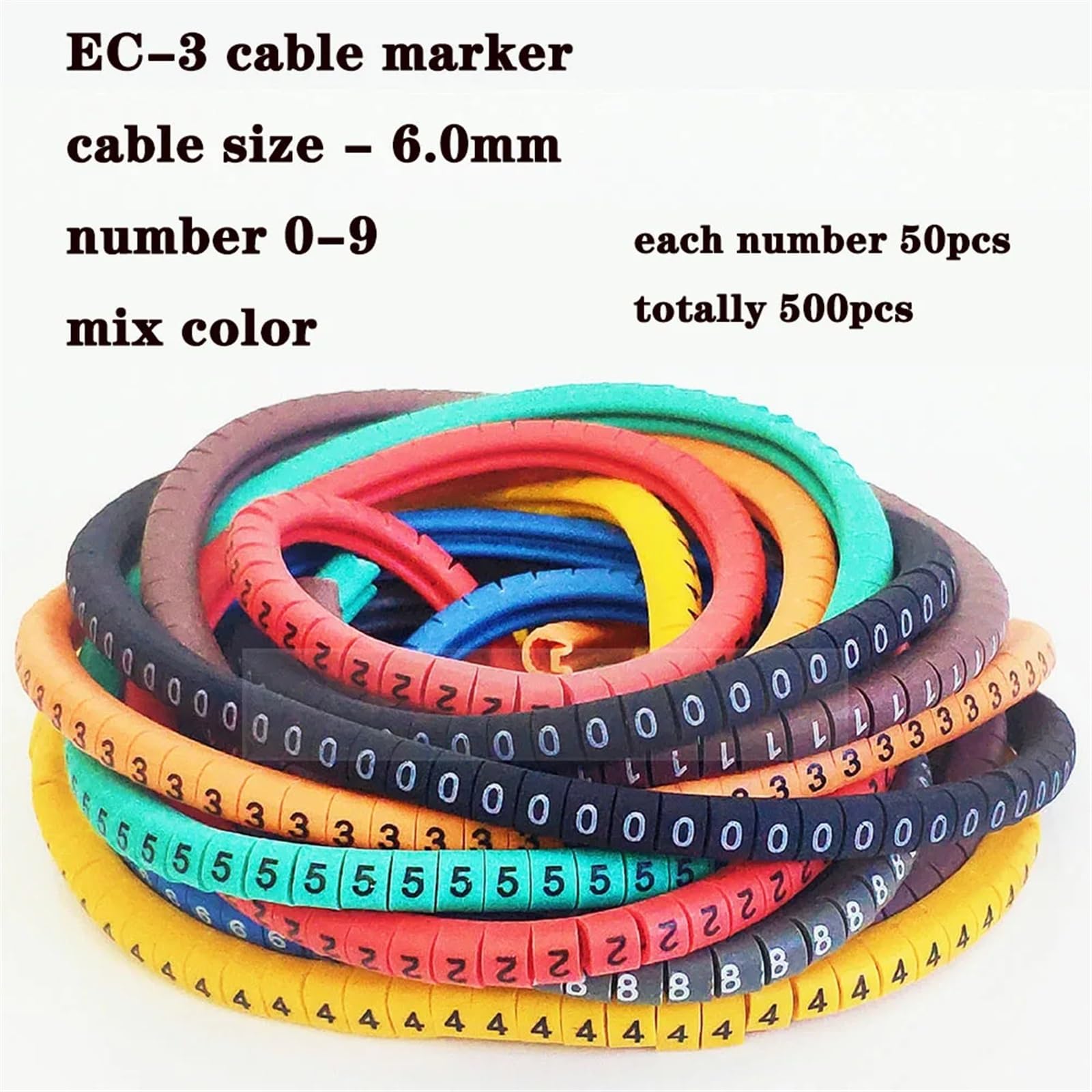 Etykiety do kabli, Etykiety kablowe EC-0 EC-1 500 szt. Numery znaczników od 0 do 9 Kolorowe etykiety oznaczania kabli PVC, izolacja 2,5 mm²(Ec 3 500pcs Color)