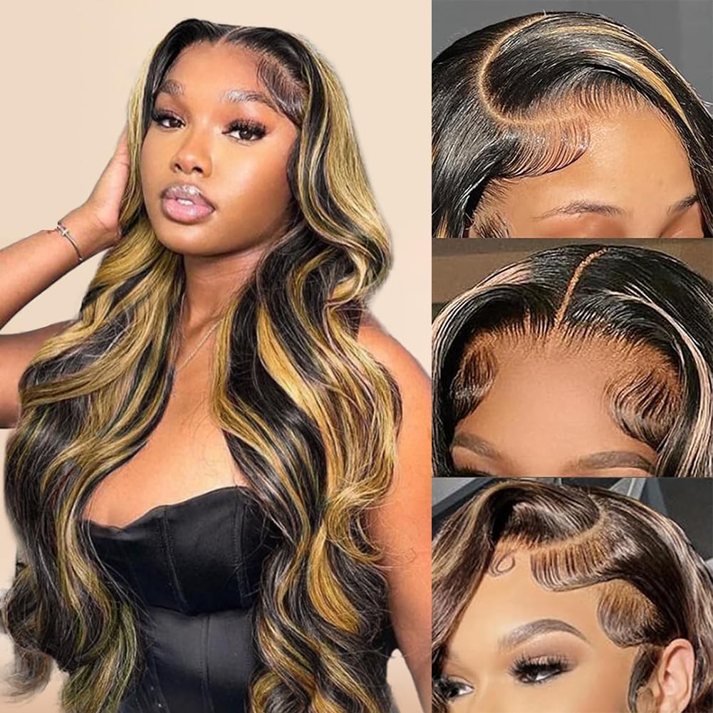 1b/27 Highlight Body Wave Lace Front Wigs Human Hair 13x6 HD Lace Pre Plucked Glusless Wig 32 Inch 180 Density Ombre Colored