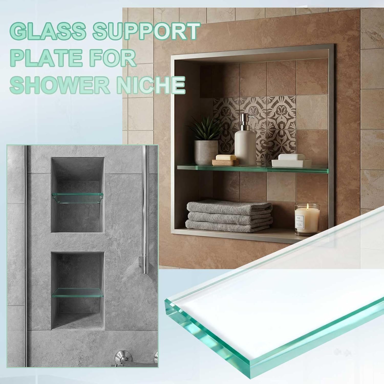 AceOrbit 2 Pcs 3-1/8 x 12-3/4 x 1/2 Inch Glass Shower Shelf for Shower Niche Break-Resistant Easy Install Clear Glass Support Plate for DIY Storage Decor