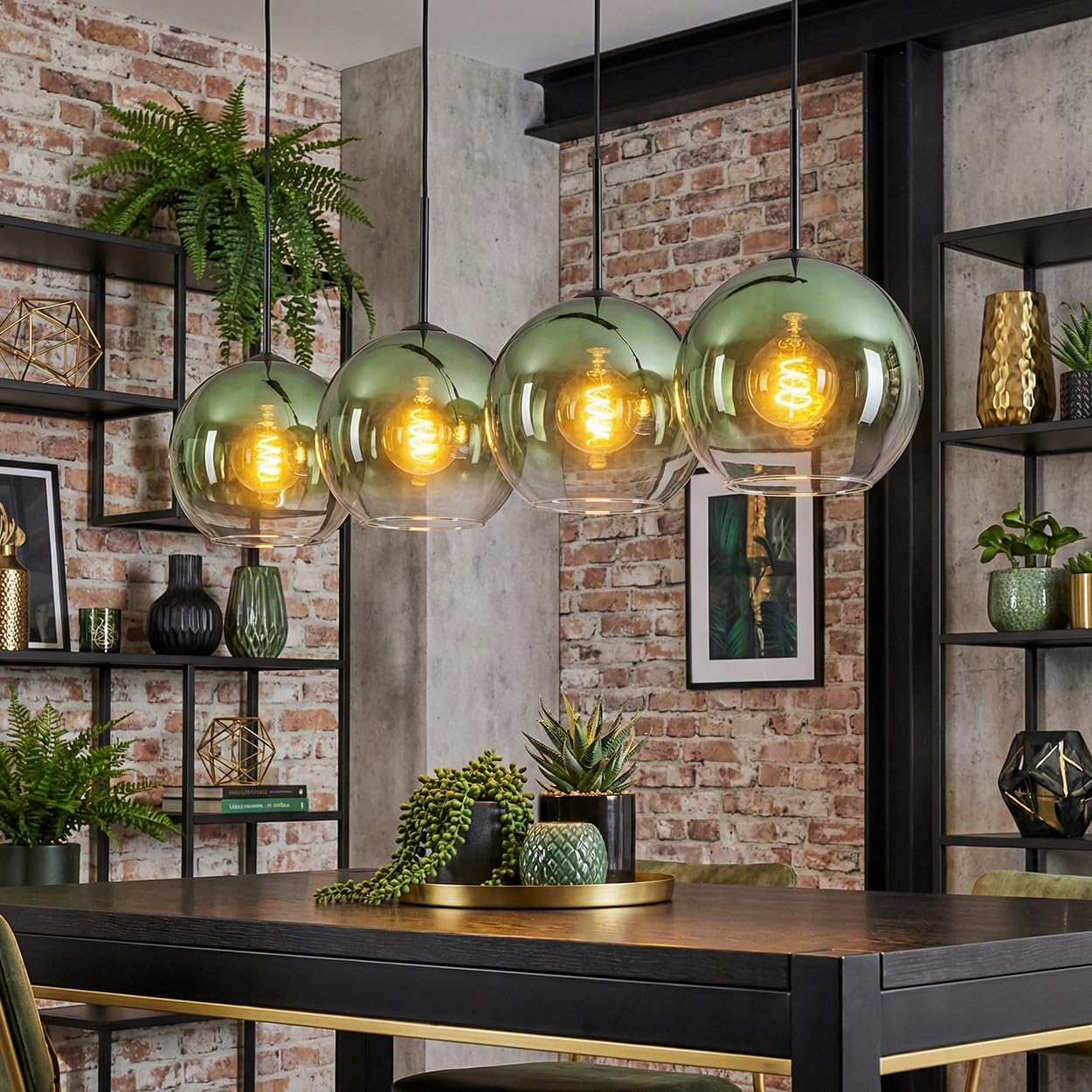 HOFSTEIN Hängeleuchte Koyoto, 4-flammige Hängelampe aus Metall/Glas in Schwarz/Grün/Klar, moderne Pendelleuchte im Retro/Vintage-Design (Schirme Ø 25 cm), E27, Esszimmer, Küche, Wohnzimmer