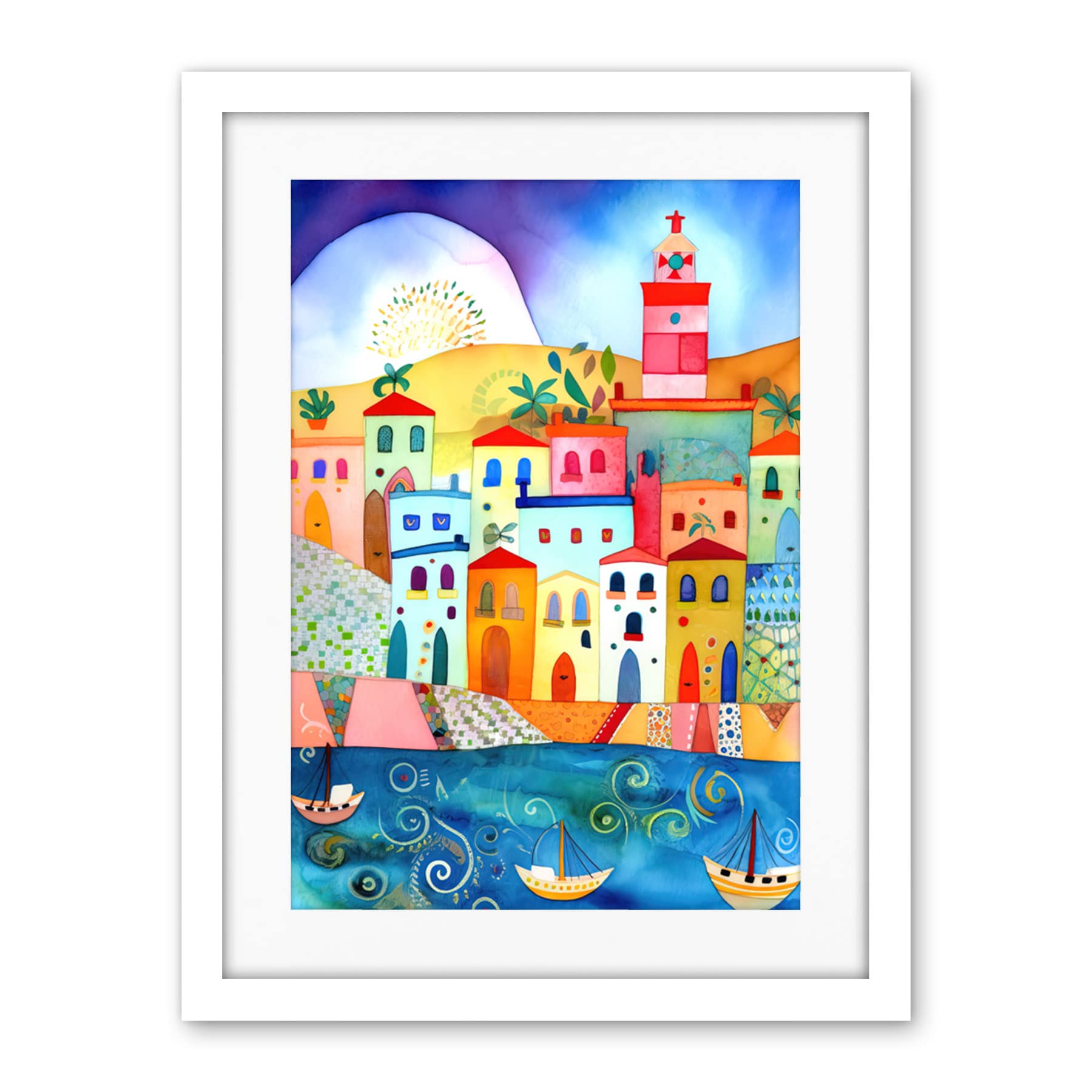 Artery8 Tunisia Seaside Town Folk Art Artwork Framed Wall Art Print 18X24 Inch