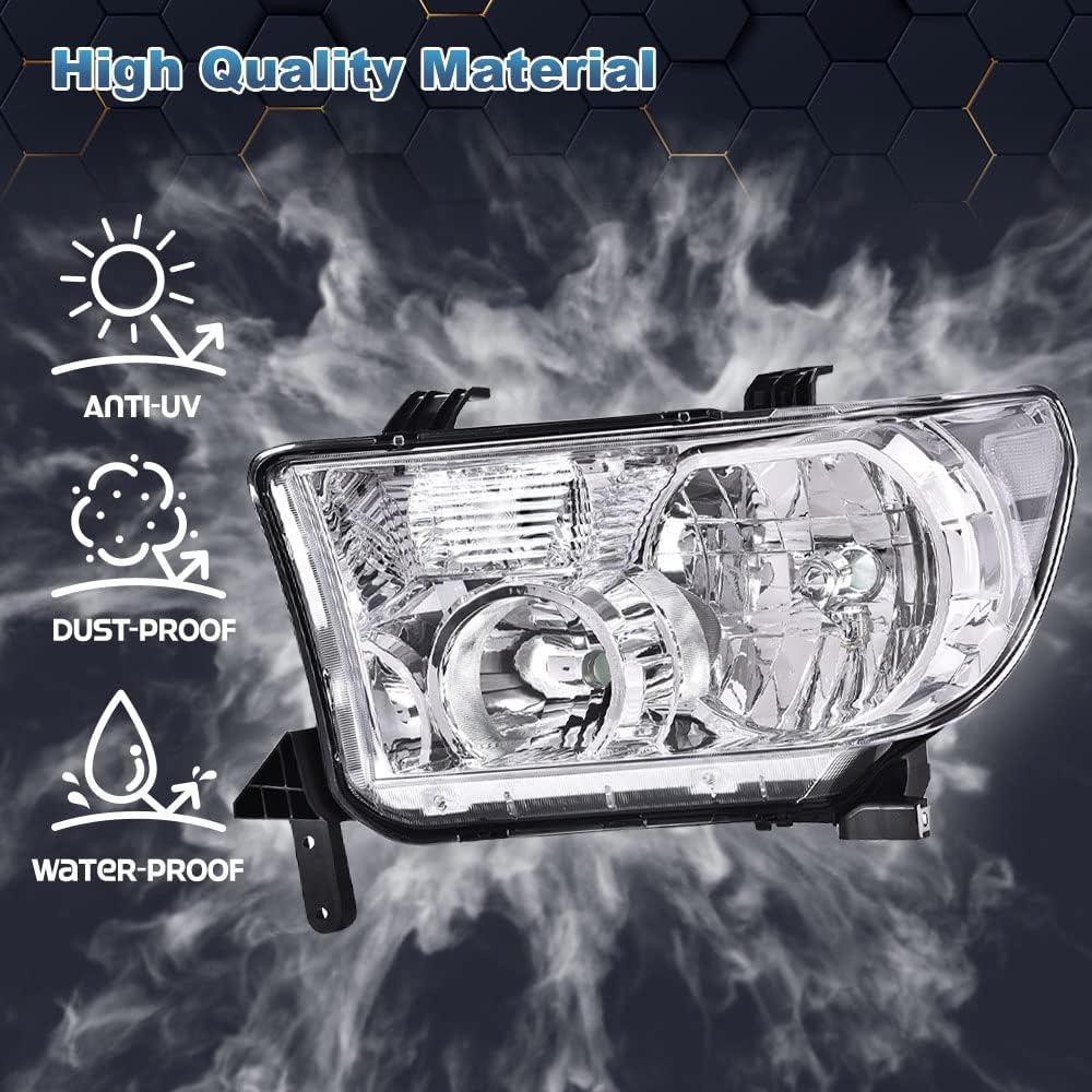 PIT66 Headlights Assembly Front Headlamp Pair Compatible with Tundra (W/o Headlight Leveling Models) 2007-2013 Fit Sequoia (12-14 Sequoia Without Headlight Washer Only) 2008-2017 Clear Lens