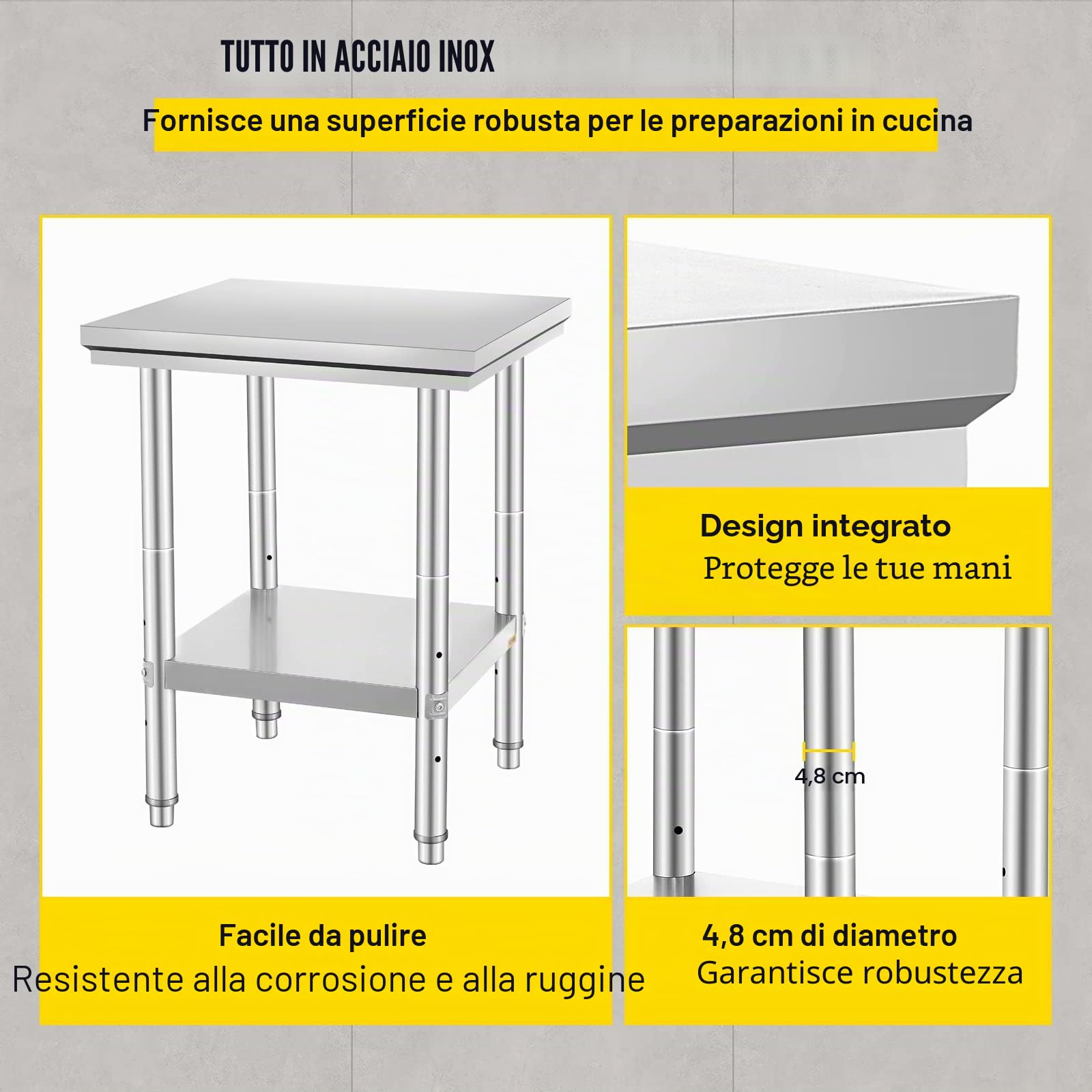 VEVOR Tavolo da Lavoro in Acciaio Inossidabile, 60 x 60 x 80 cm, Piano di Lavoro a 2 Ripiani, Tavolo per Preparazione di Pasti, Cucito, Lavaggio, Artigianato, Garage