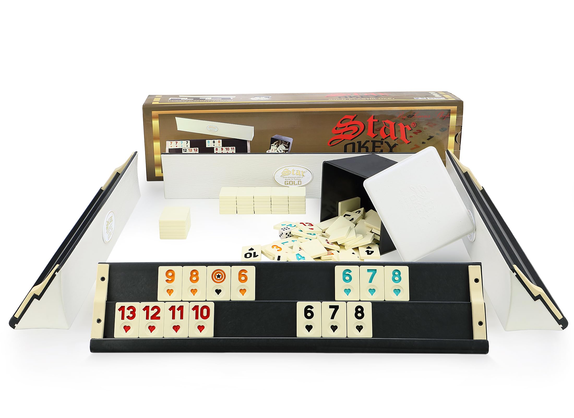 Star Rummy Okey Gold – Jeu De Société En Bois Et Mélamine – 104 Pierres + 2 Jokers, Plateaux Inclinés – Version Turque (clair)