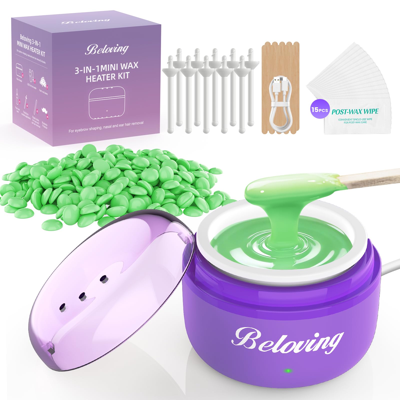 Nose Wax Kit Men, Mini Wax Warmer for Facial Hair Removal, Ear Eyebrow Waxing Kit for Women Men With 100g Beads, 10 Applicators, 10 Nose Sticks,