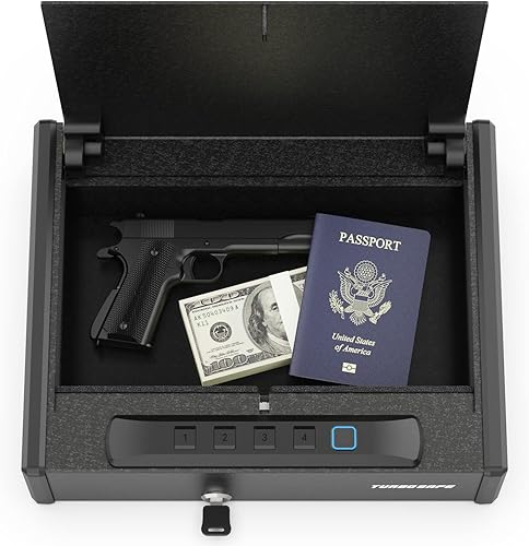 TURBOSAFE TS-200 Caja fuerte biométrica para pistolas – Acceso rápido con 20 perfiles de huellas dactilares, código de acceso y llave de respaldo,