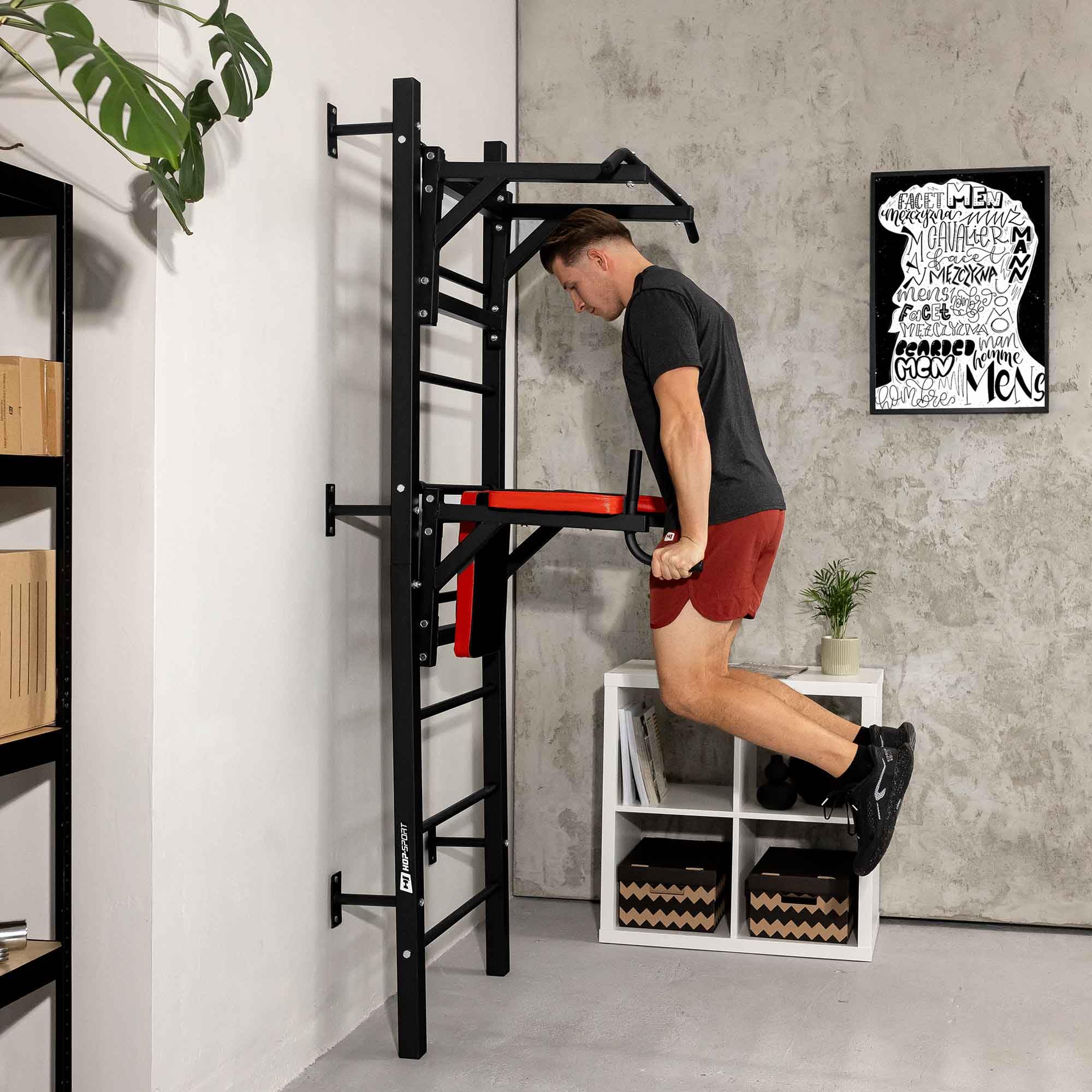 Hop-Sport Sprossenwand mit Klimmzugstange, Dip Station & Sit-Up-Bank | Wand Kraftstation für Zuhause | Calisthenics & Krafttraining | Max. Belastung 150 kg