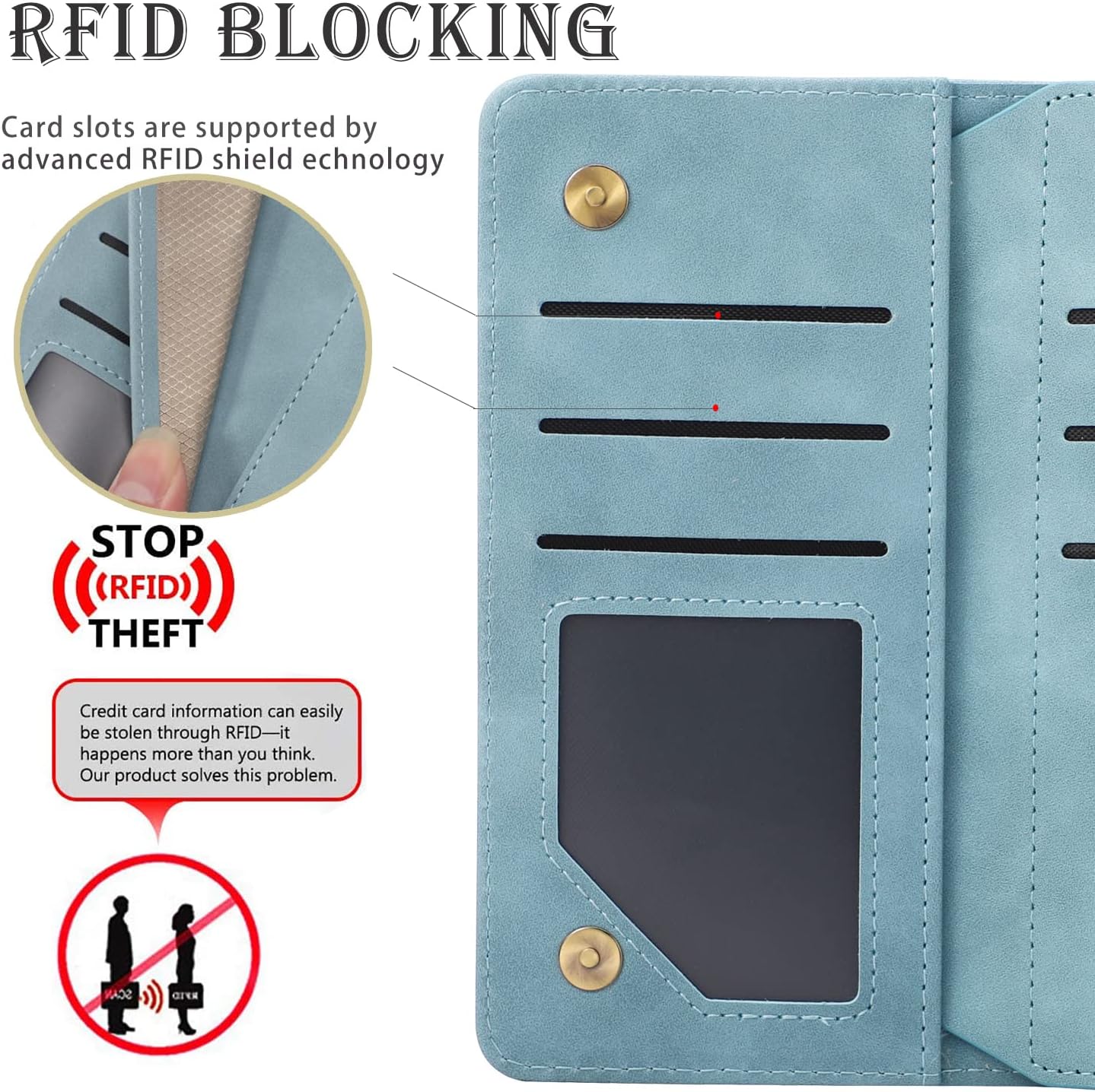 RANYOK Wallet Case Compatible with iPhone 11 Pro (5.8 inch), Premium PU Leather Zipper Folio Wallet RFID Blocking with Wrist Strap Magnetic Closure Built-in Kickstand Protective Case (Baby Blue)