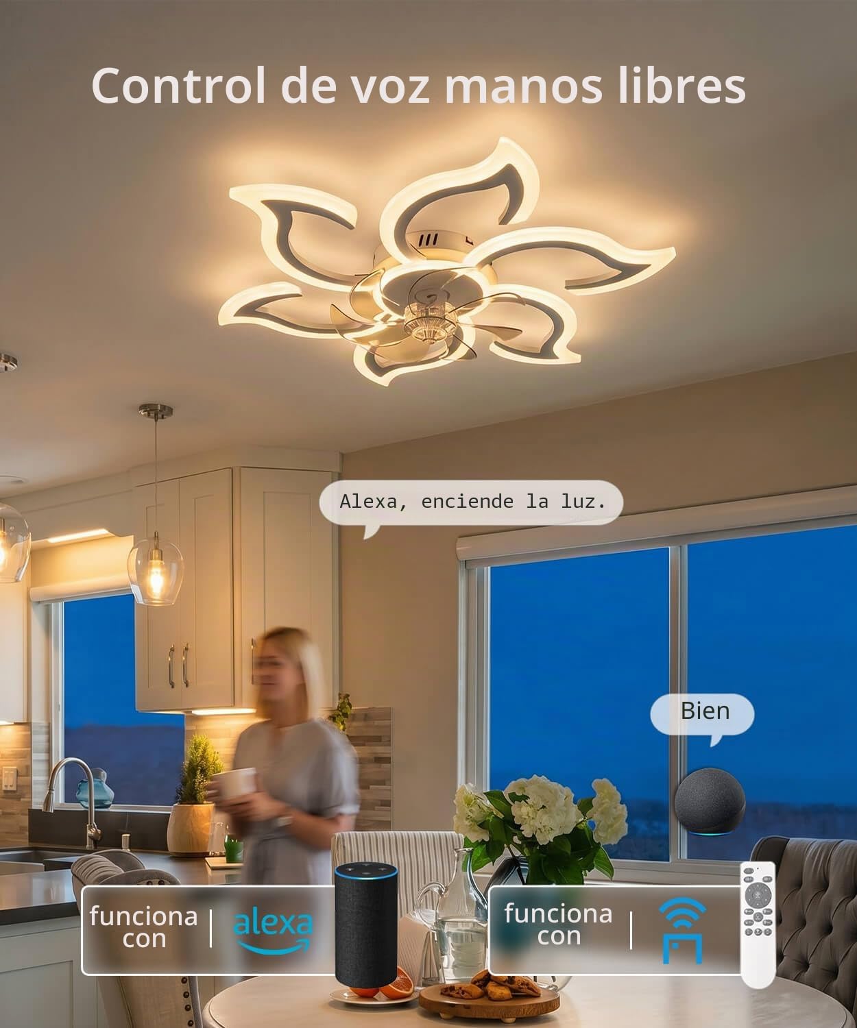 LJX Lampara Ventilador Silencioso Compatible con Alexa 88cm Flor Ventilador de Techo con Luz y Mando a Distancia 2.4GHZ Wifi Temporizador Regulable para Dormitorio Salón, Blanco