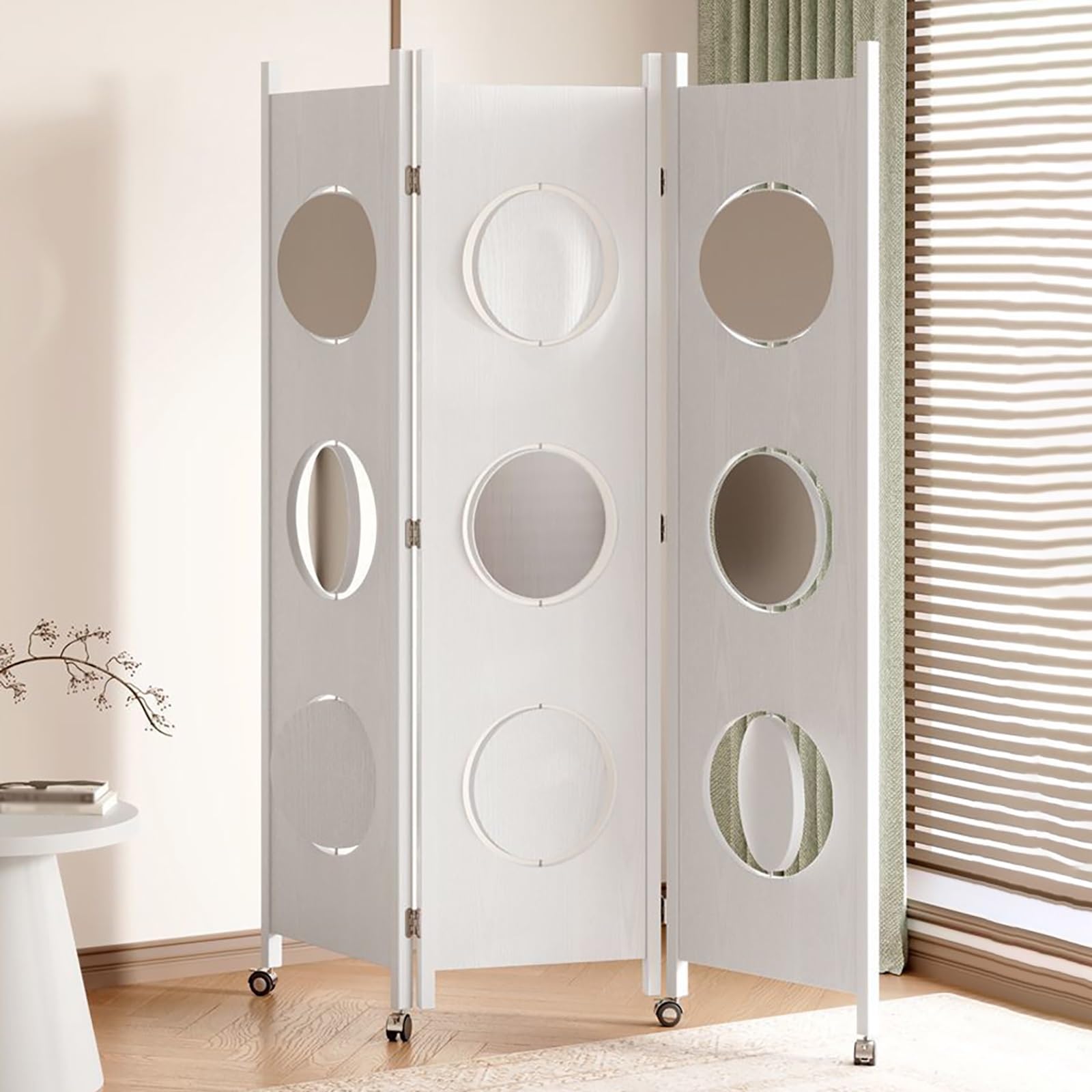 Biombo Madera 3 Paneles, Separador De Ambientes Plegable con Cortes Circulares, Room Divider Portátil con Ruedas para Dormitorio Oficina, Decoración Moderna(White)
