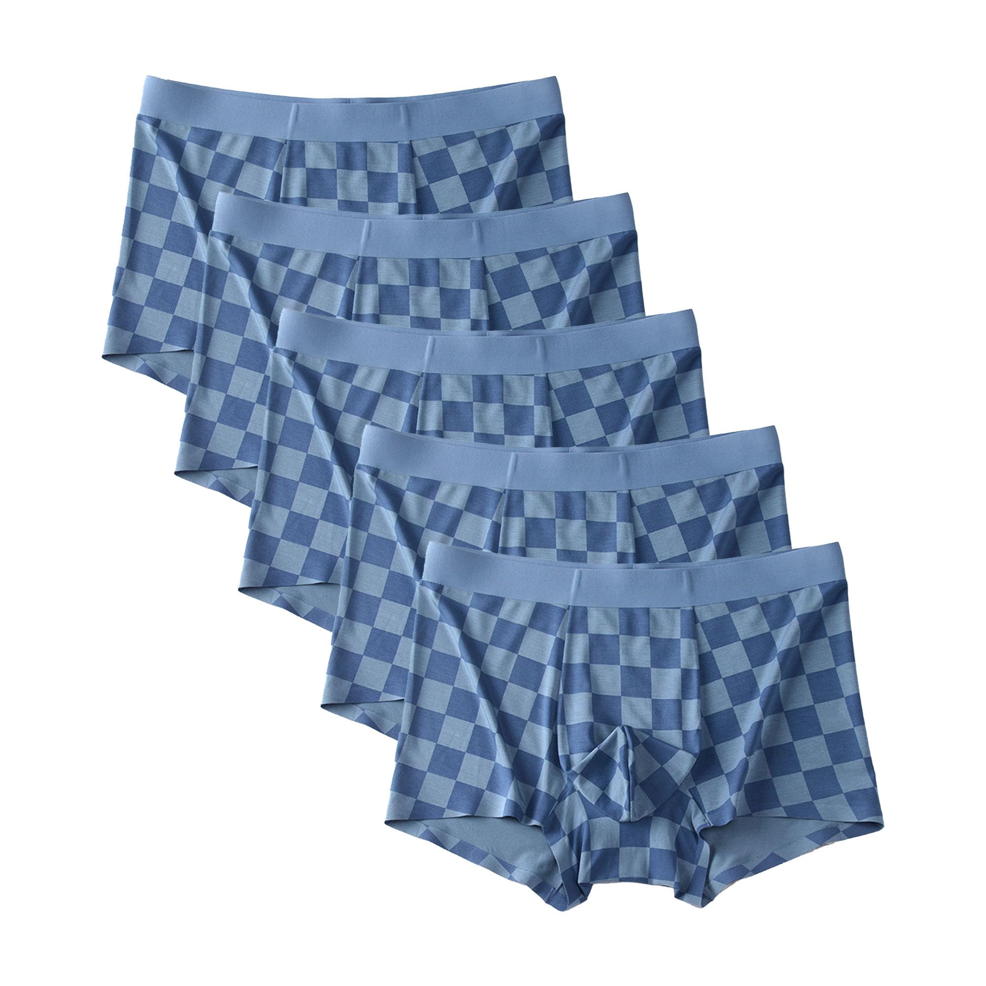 Mens Ice Silk Plaid Boxer Briefs Mid-Waist Breathable Underwear Seamless Underpants