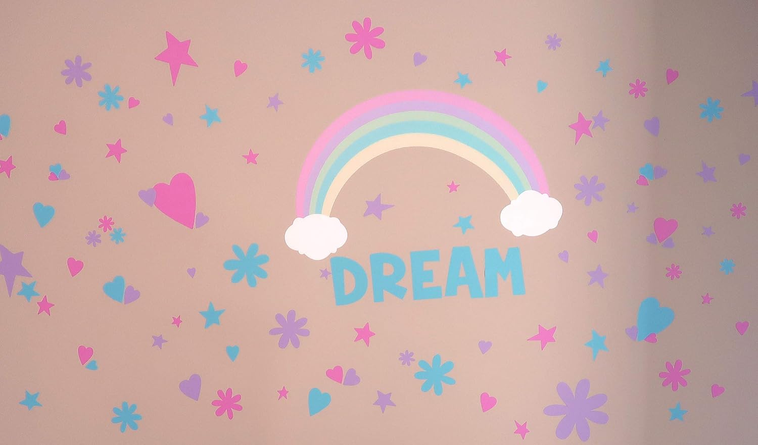 Rainbow Dream Pastel Girls Wall Decals (118) Wall Stickers of Hearts, Stars & Flowers for Bedroom Playroom Bathroom Decor Stickers for Nursery Toddler Teen Decoration (Rainbow Dream)
