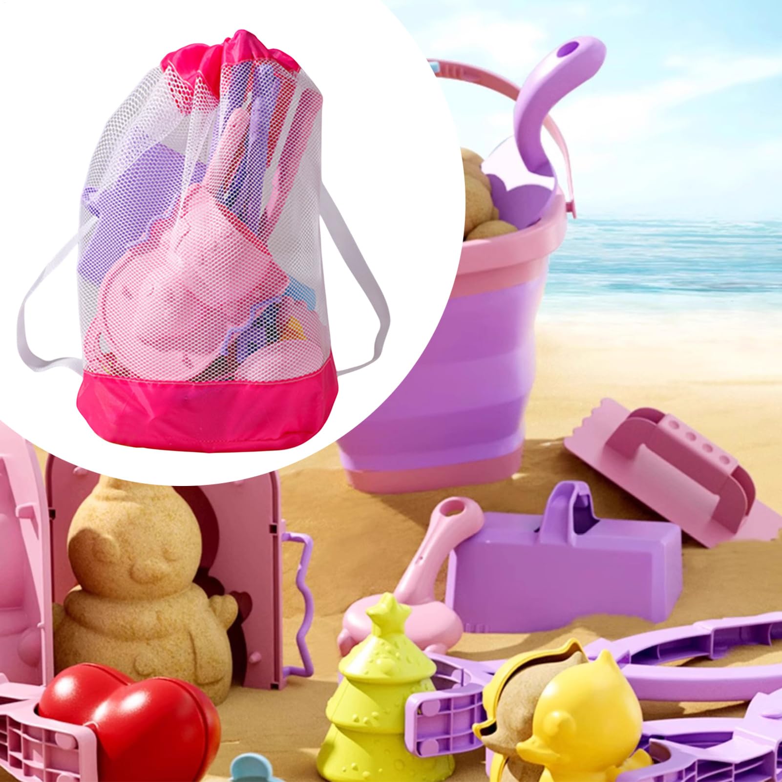 Juego De Juguetes De Playa Juegos de con Cubo Plegable y Bolsa de Malla | Incluye Moldes Rastrillo Pala Para Juegos Al Aire Libre En Jardín Parque Y Piscina