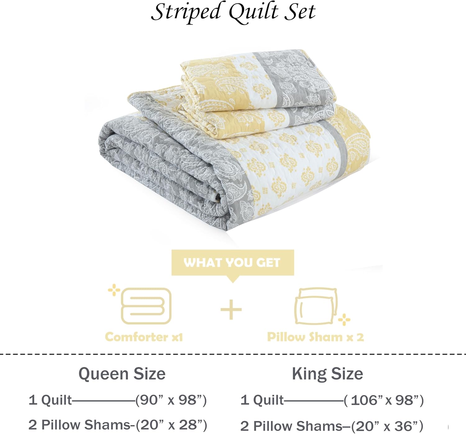 Yellow Quilts Queen Size, Cotton Bed Set, Yellow Grey White Comforter, Striped Bedding Queen Size, Lightweight Luxury Bedspread,3 Piece - Image 6