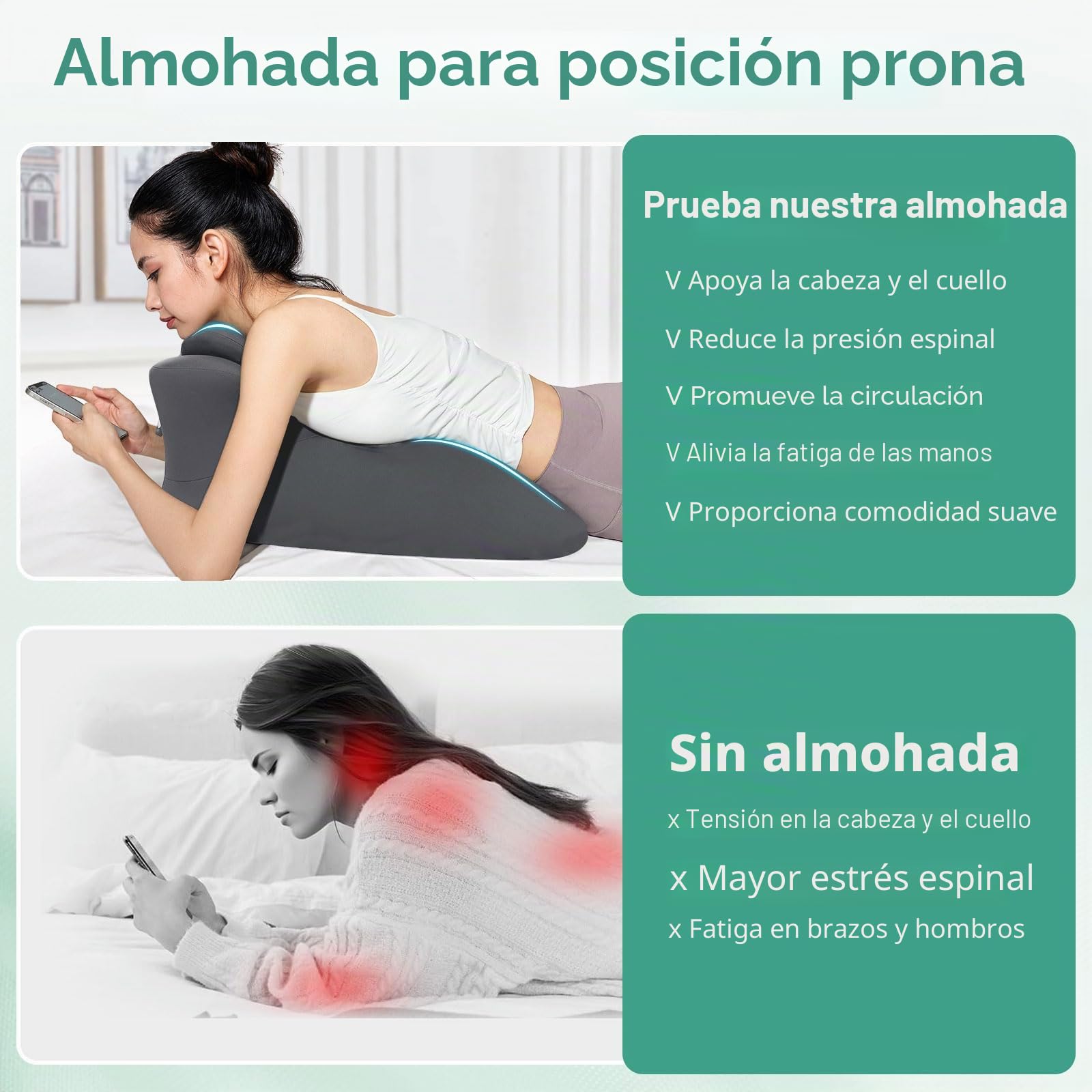 Almohada en Forma de Cuña Ergonómica - Almohada para Dormir Boca Abajo y Leer en la Cama, Alivia el Dolor de Espalda y Brinda Soporte al Sentarse, Soporte Lumbar y Cervical con Funda Removible