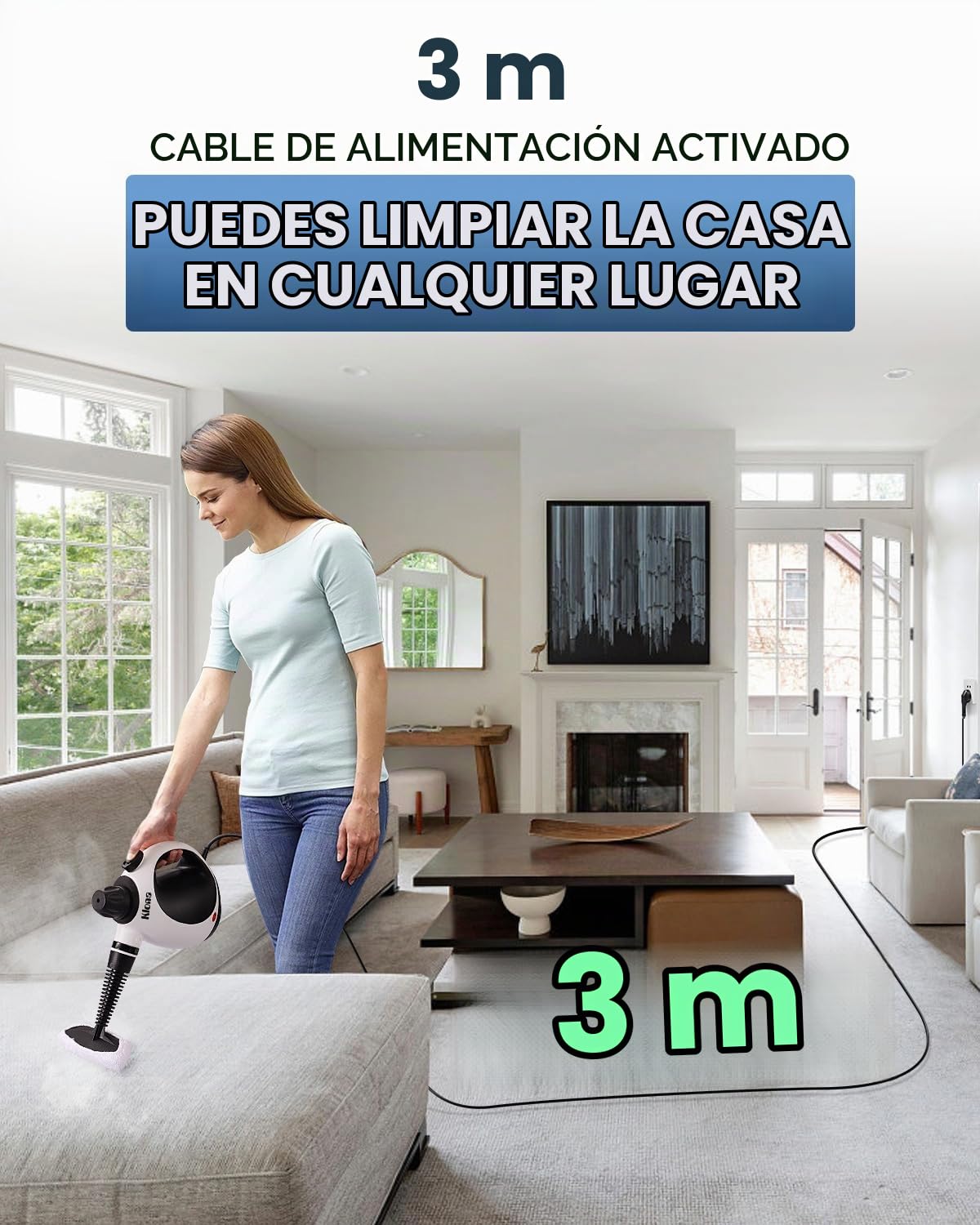 KLONA Limpiador a vapor hogar, portátil limpiador, con 10 accesorios | para alfombras, cortinas, sofás, cocina, baño y más | presión: 3,5 bar | potencia: 1050W | sin químicos