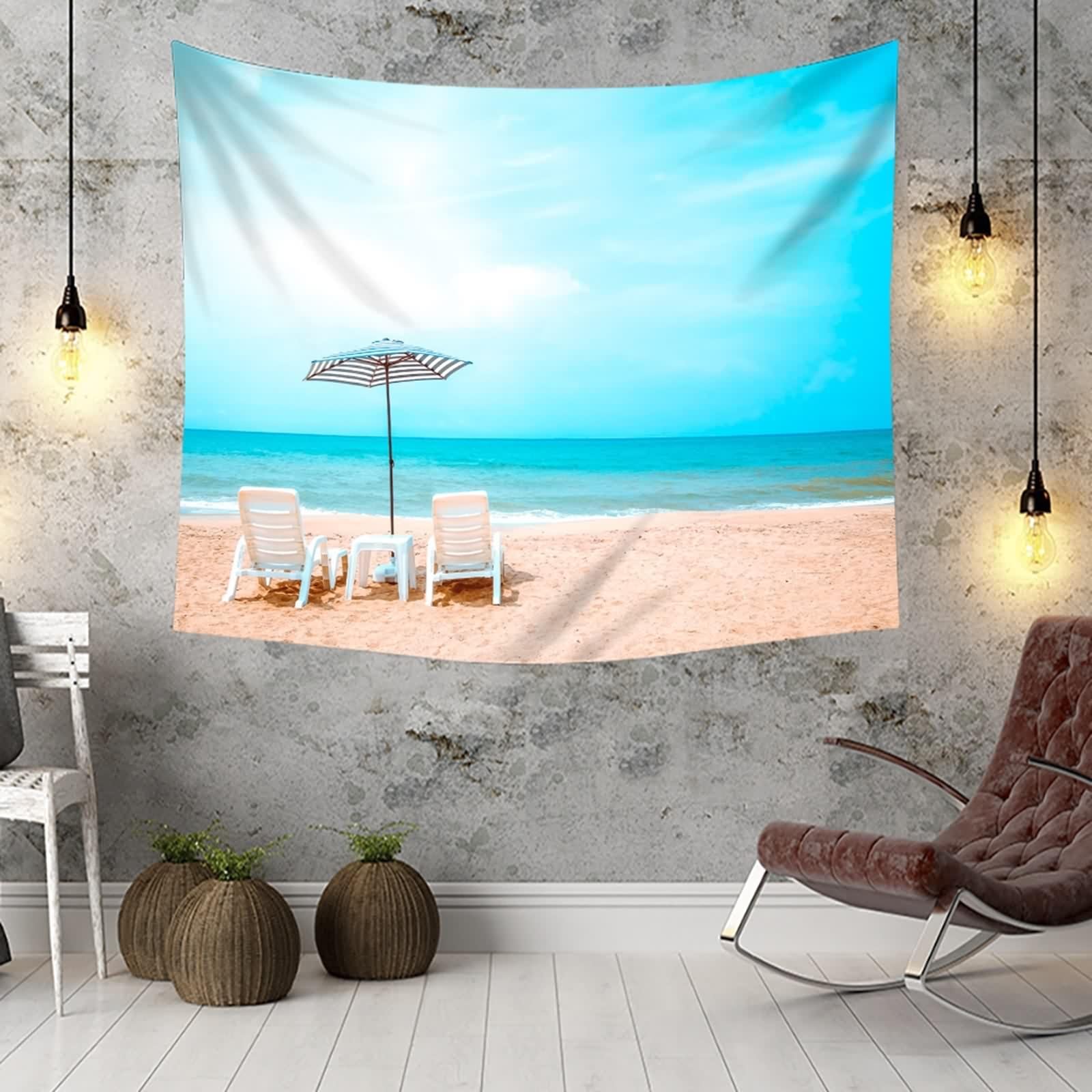 Tapiz Pared Azul, Tapiz Pared 260X240CM Sillón Reclinable Playa Mar Poliéster Decoracion Salon