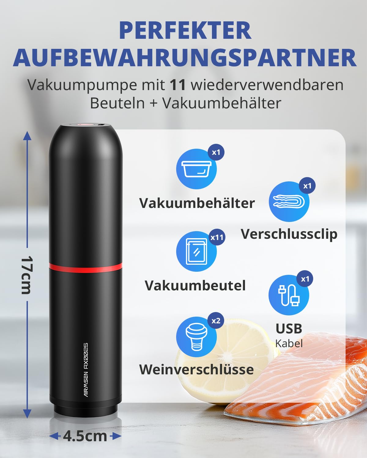 AIRMSEN Vakuumiergerät Klein, Handvakuumierer mit 40 kPa Saugkraft, inklusive 1 Vakuum-Konservierungsglasbox & 11 Vakuumbeutel & 2 Weinverschlüsse, ideal für Zuhause, Reisen, Camping