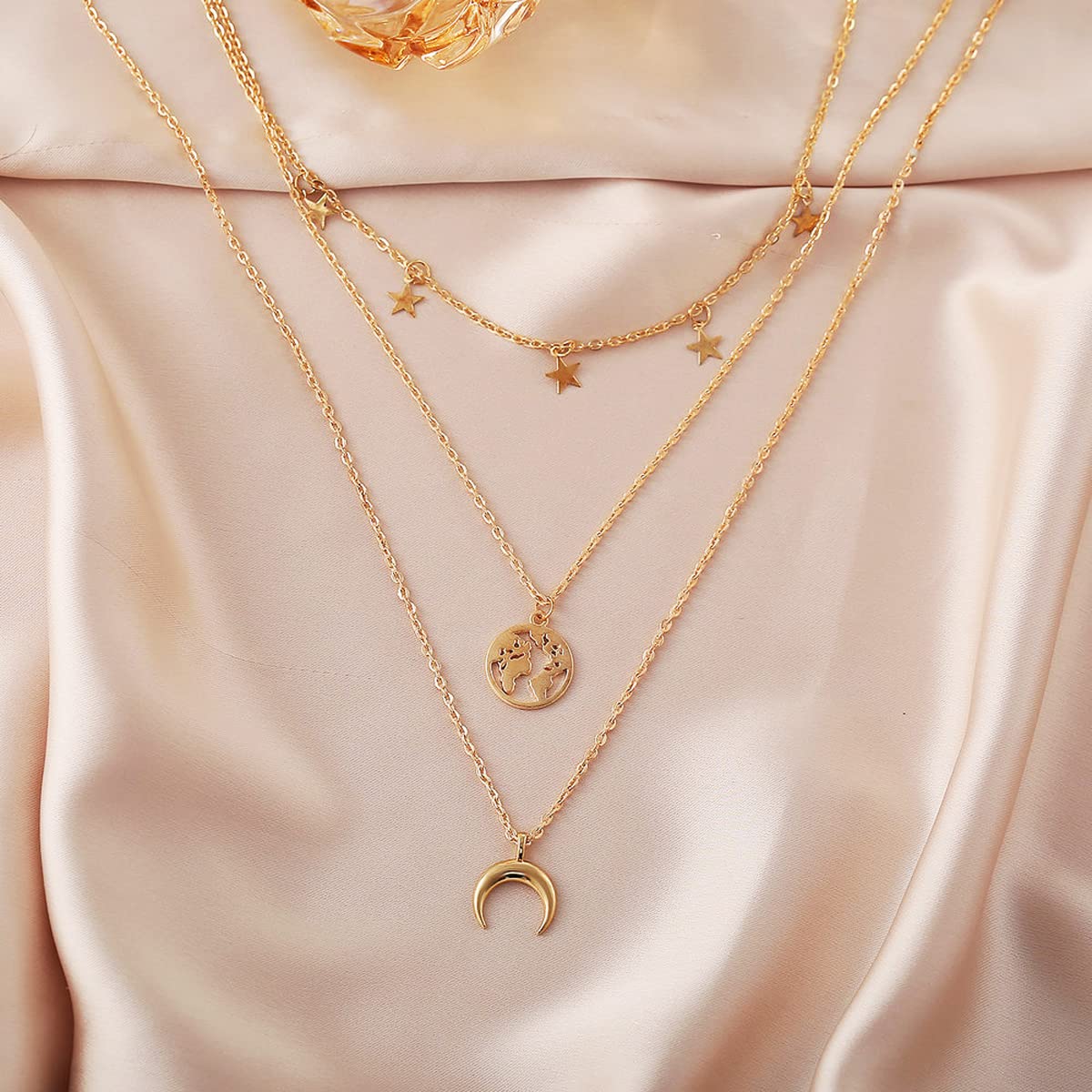 Glamorous Plated Triple Layered Moon Star Necklace