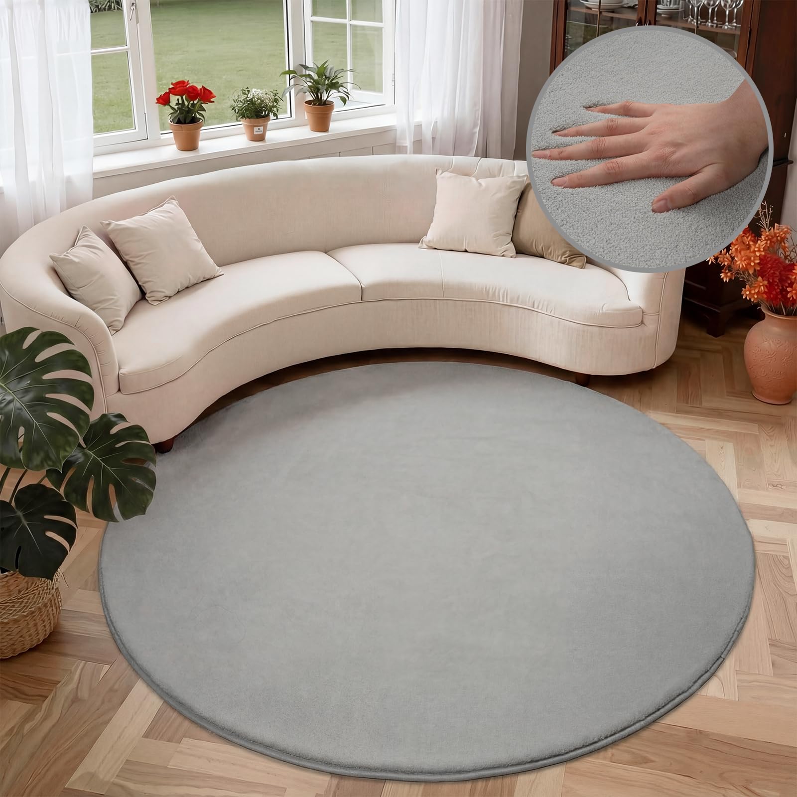 Homcomodar Runder Teppich Wohnzimmer 160cm Hellgrau Wohnzimmerteppich Teppich Flauschig Anti-Rutsch Teppiche Schlafzimmer Kurzflor für Schlafzimmer,Wohnzimmer,Kinderzimmer,Esszimmer,Küchenteppich