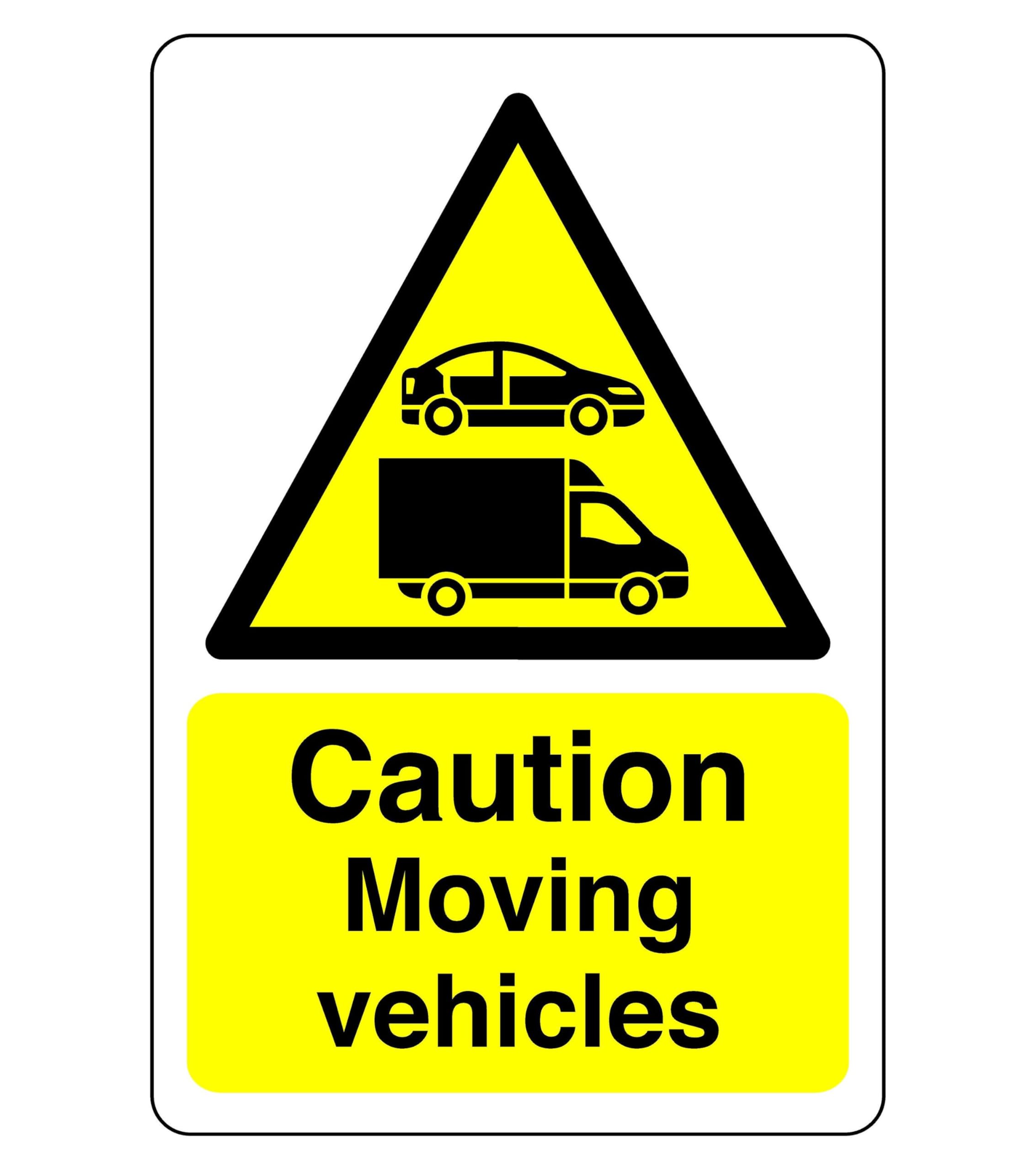 Safety First Display LTD Caution moving vehicles sign - High tack self-adhesive sticker (400mm x 300mm) Viewing Distance within 14m.