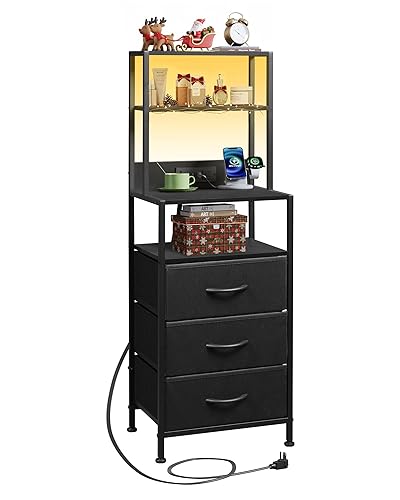 Tall Nightstand with Charging Station, LED Night Stand with 3