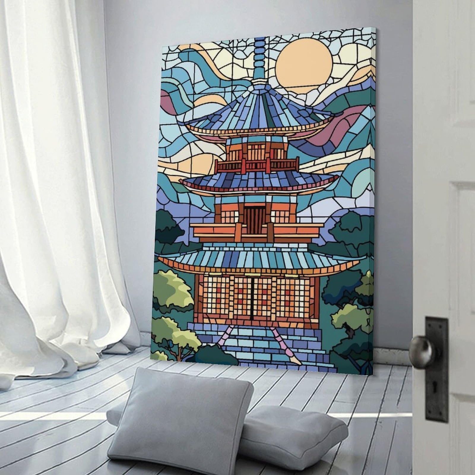 Junmoney Stained Glass Pagoda Landscape Room Decor Wall Art 20x30inch(50x75cm), for Bedroom, Guest Room Or Reading Nook, An Easy Wall Refresh for Bedrooms