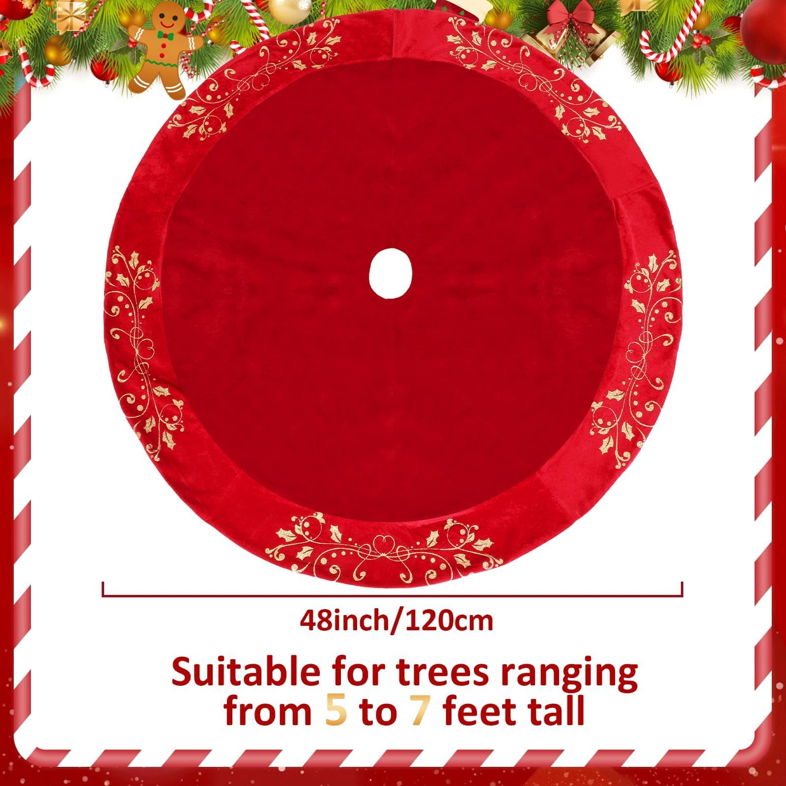 QOUBAI 48inch Christmas Tree Skirt Red Luxury Velvet Plush Fur Tree Skirts Xmas Velvet Tree Skirt with Embroidered Holly Leaves Gold Hot Stamping Tree Xmas Skirt for Christmas Holiday Party Decor