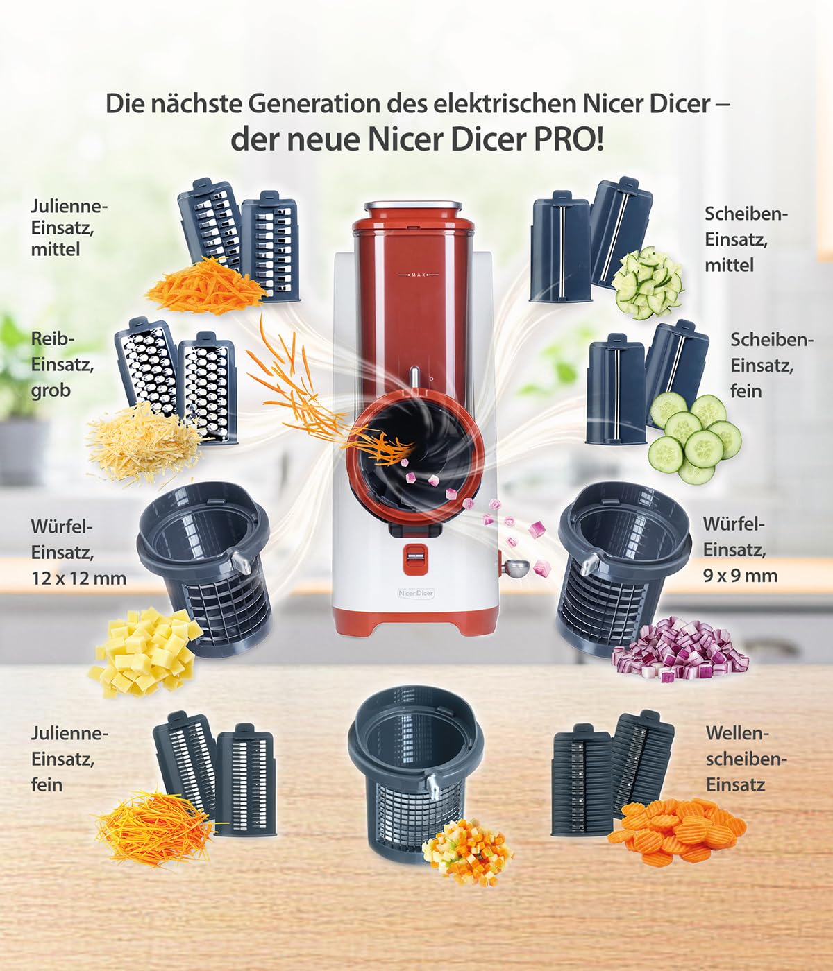 Genius Nicer Dicer Electro PRO Set 32-tlg., terracotta, Gemüseschneider elektrisch mit 9 Einsätzen zum Reiben, Hobeln, Würfeln & Schneiden, extra-scharfe Klingen, einfache Reinigung, leistungsstark