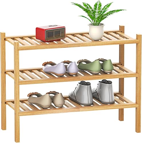 Zapatero organizador de 3 niveles, estante de almacenamiento apilable con combinaciones multifunción, zapateros de bambú de pie para armario,