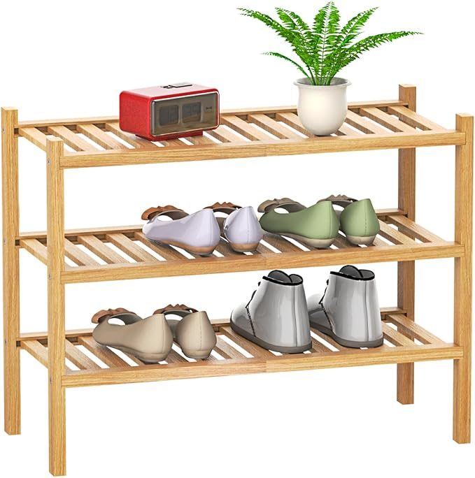 Bamboo 3-Tier Shoe Rack Storage Shelf Free Standing Natural