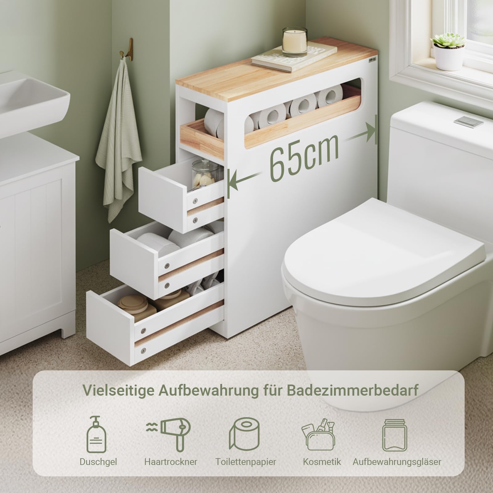SoBuy Badezimmerschrank Schmal Badschrank mit 3 Schubladen Nischenschrank Holz für kleine Bäder WC & Küche Toilettenschrank Beistellschrank, Weiß 65x23x82cm BZR54-II-W
