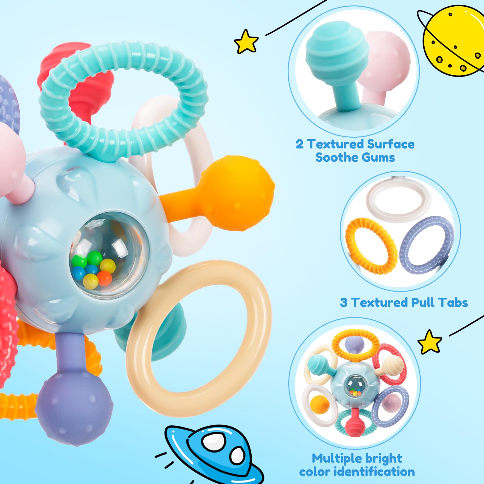 Juguetes de dentición para bebés de 0 a 6 a 12 meses, mordedor de silicona de grado alimenticio sin BPA, juguetes sensoriales para masticar, regalos para bebés recién nacidos, niños y niñas de 3