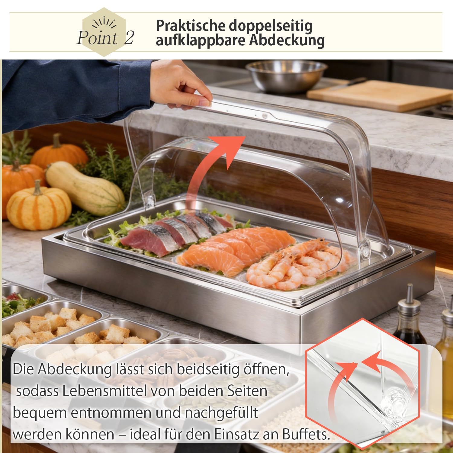 Kurflo Kühl Servierplatte | 58x37x23cm | GN 1/1 Kühlplatte mit Haube, System Kühlschale mit Kühlakku | Frischhalteplatte, Servierhaube mit 2 Kühlakkus | Edelstahl Catering Platte, Buffetvitrine