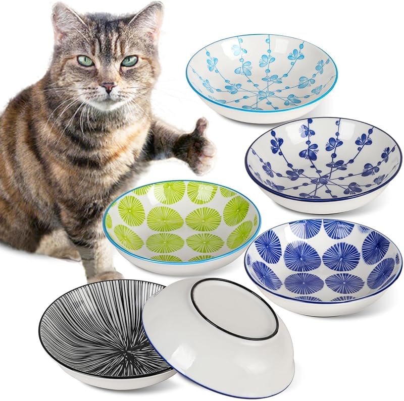 Cuencos de cerámica para comida para gatos, paquete de 6 platos antideslizantes para gatos de 5,7 pulgadas para comida, agua | Platos de cerámica aptos para alimentos, poco profundos y aptos para bigotes para comidas húmedas, croquetas, hogares con varios gatos, aptos para lavavajillas y microondas