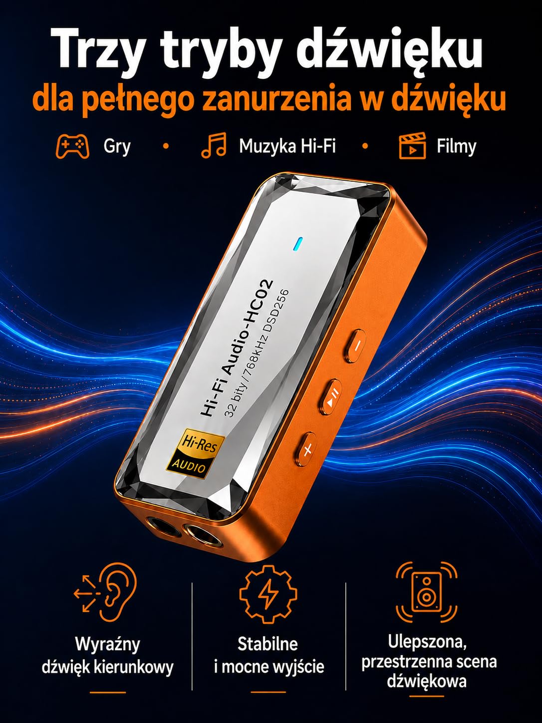 USB C DAC wzmacniacz słuchawkowy, CS43198 HiFi dongle DAC z wyjściem 3,5 mm i 4,4 mm, przenośny DAC AMP, DSD256 32bit/768kHz do IEM, słuchawek, laptopa i PC,pomarańczowy | USB C DAC z CS43198, Hi-Res, 3,5 mm i 4,4 mm