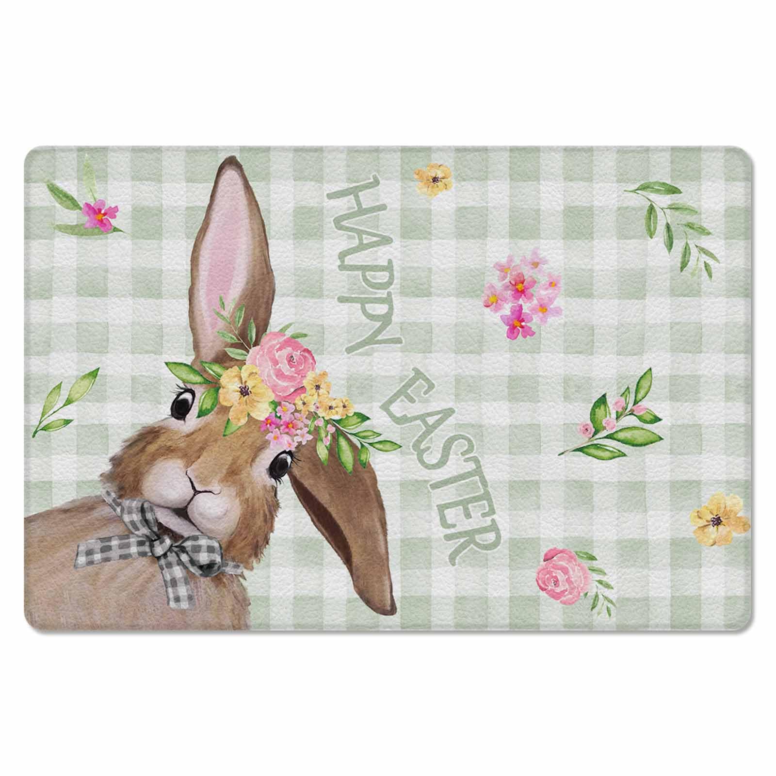 Easter Rabbit Kitchen Bath Door Mat Cushioned Runner Rug,Washable Welcome Floor Sink Antifatigue Mat,Waterproof & Non-Slip Comfort Standing Doormat,Farmhouse Green White Buffalo Check Floral 24