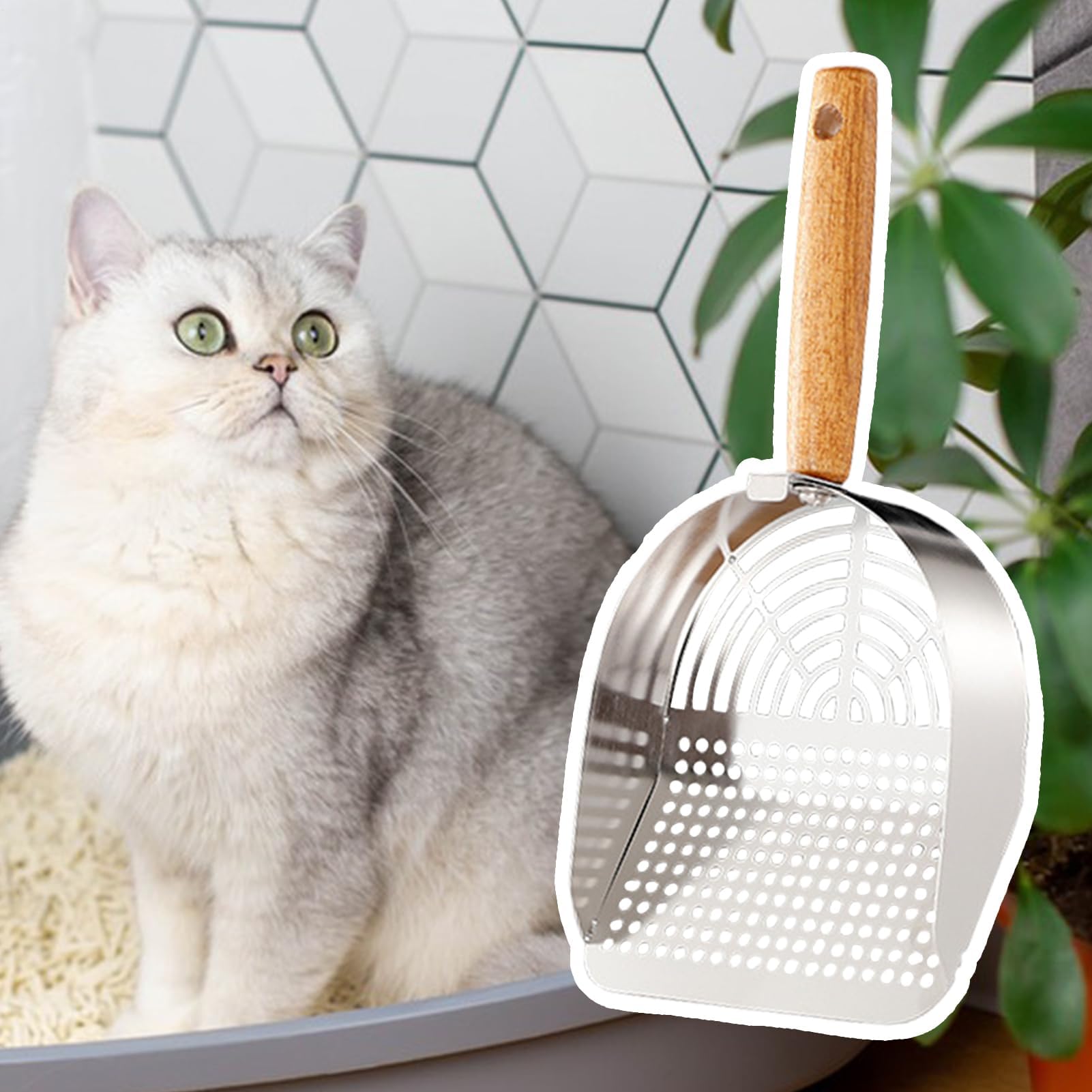 Paletta per lettiera, Accessorio ergonomico for Animali Domestici in Acciaio Inossidabile con Manico Lungo for casa, Viaggi e Interni(Stainless Steel Round Hole Style)