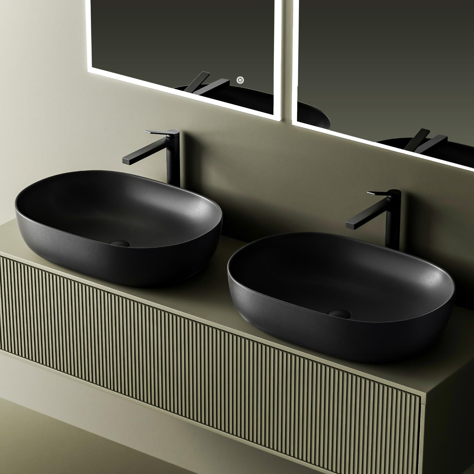 EMKE Lavandino da appoggio ovale 60 x 41 x 13 cm, nero opaco, antigraffio, facile da installare e pulire, lavabo per bagno e WC per ospiti