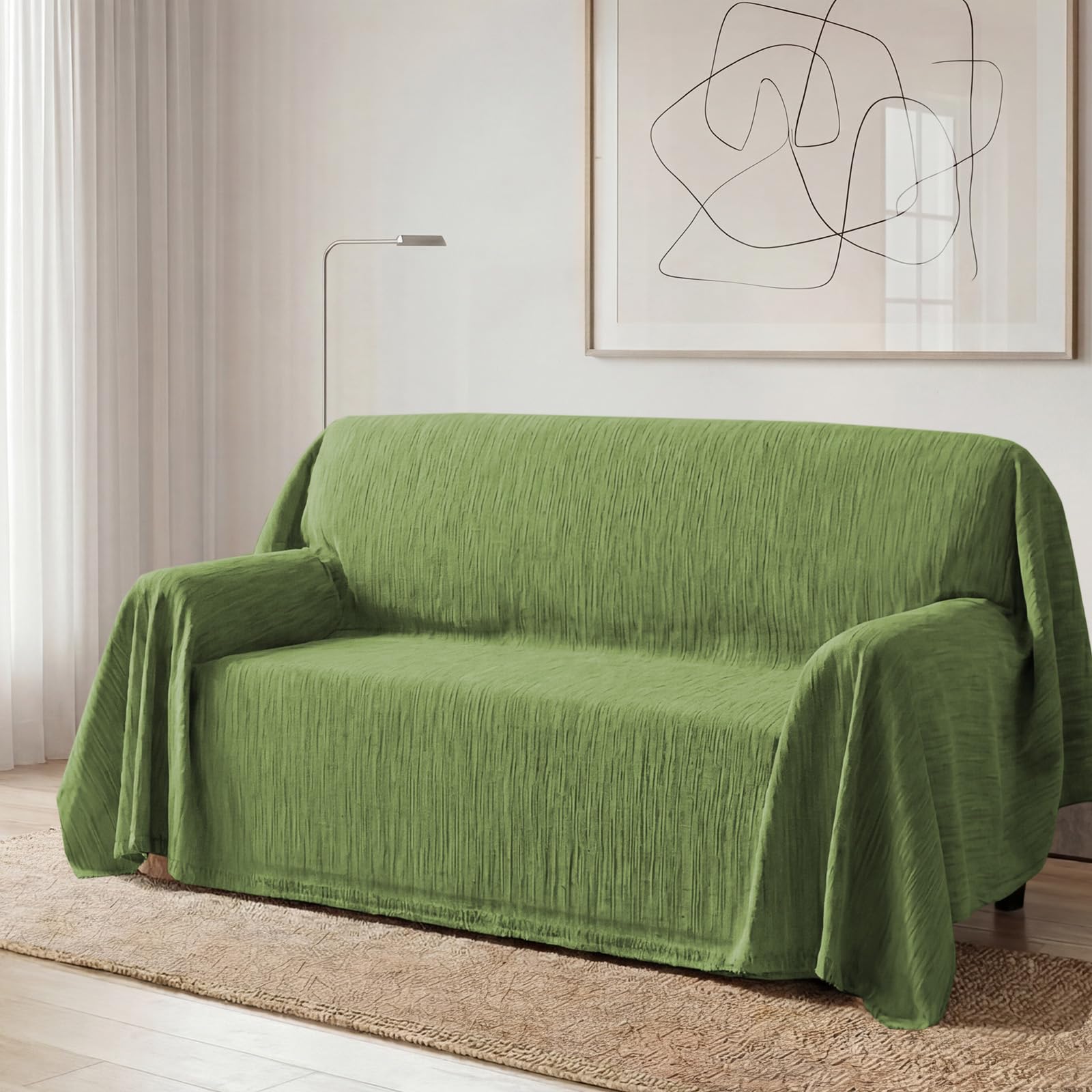 BellaHills Sofa Cover 3 Seater Chenille Sofa Covers 2 Seater Armchair Covers L Shape Sofa Slipcover Non-Slip Couch Covers with Tassel Sofa Protector for Sectional Sofa, 180x260cm, Texture Green