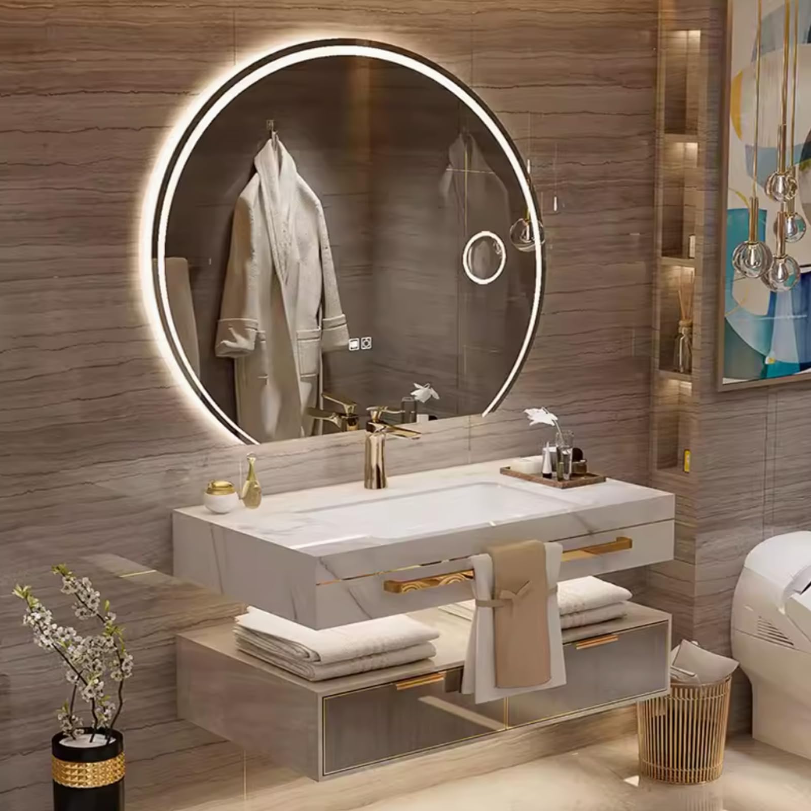 36 Inch Luxury Bathroom Vanity, Floating Bathroom Vanity with Sink and LED Round Smart Defogger Mirror, Multilayer solid wood Spacious Storage Drawer
