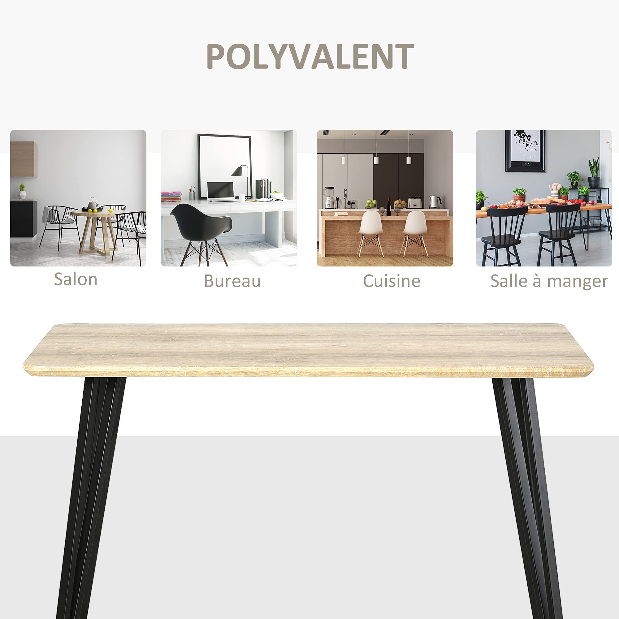 HOMCOM Mesa de Comedor Tablero Grande, 120x60x75 cm, Negra, Roble Claro | Diseño industrial, patas de metal tipo horquilla, MDF.