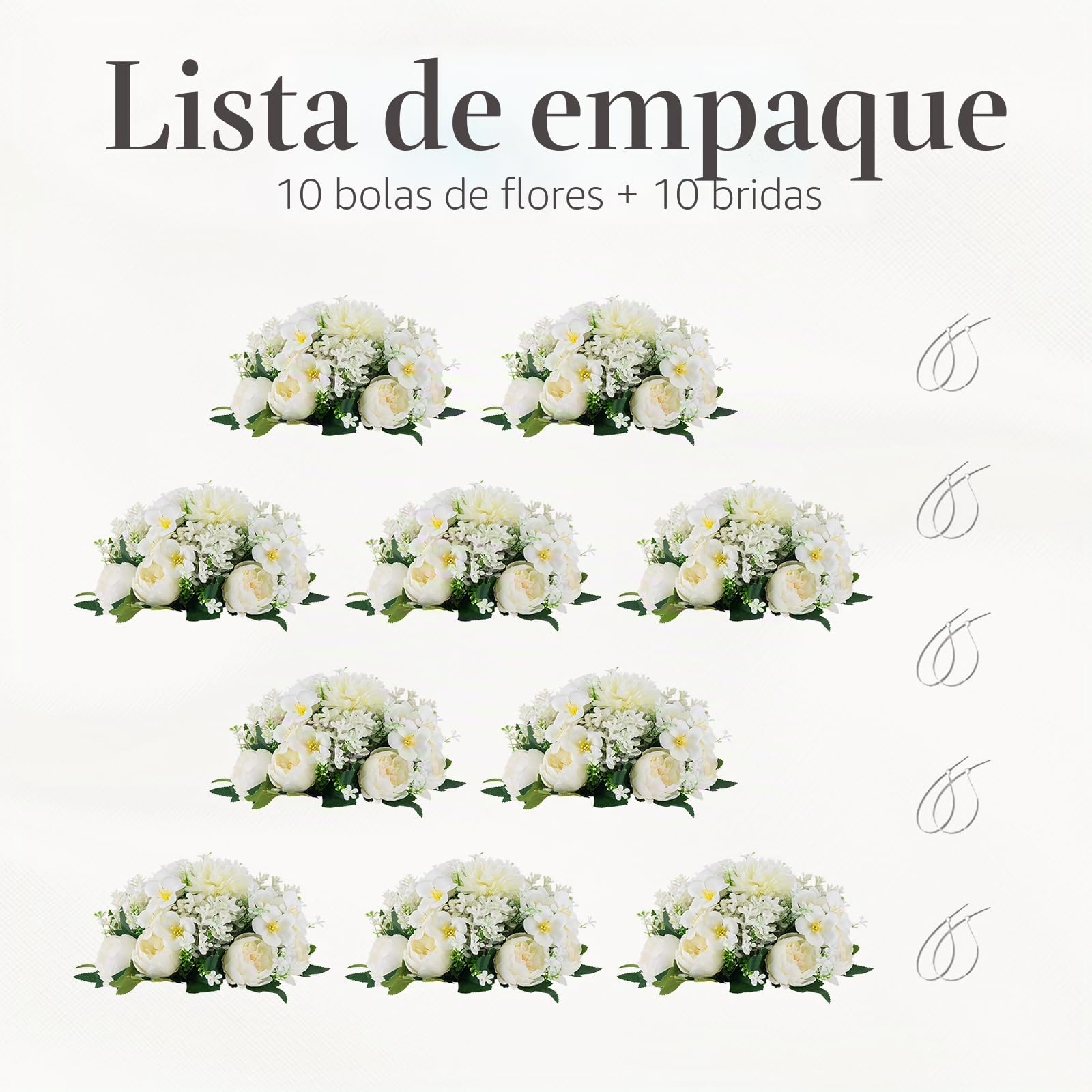 Flores Artificiales para Decoración de Bodas, Peonía Blanco, 10 Pcs | con Base, Ø 20cm, Seda Artificial, Bola de Flores para Centro de Mesa, Fiestas, Aniversarios, Decoración del Hogar