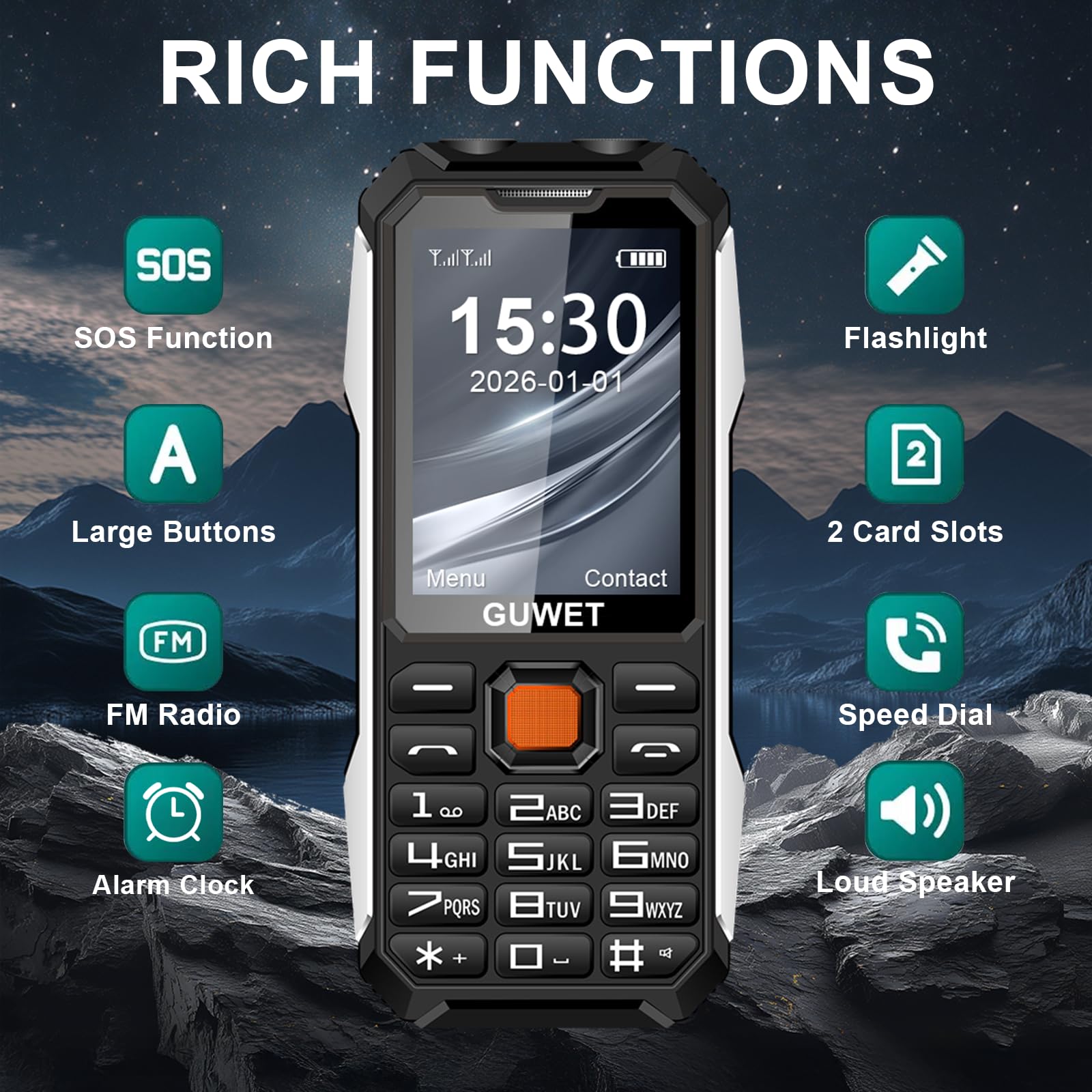A6 2G Outdoor-Handy ohne Vertrag, 6800-mAh-Akku für extrem Lange Standby-Zeiten, robust und sturzfest, SOS-Notruffunktion, große Tasten, Dual-SIM mit Notruftaste, Schwarz